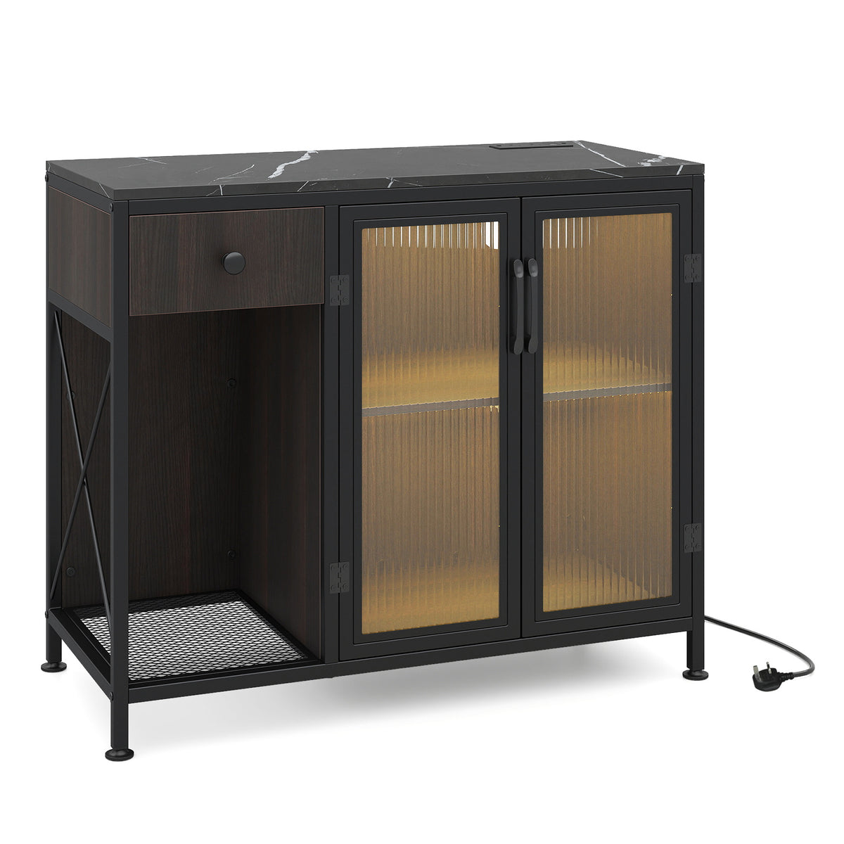 Buffet Sideboard with Power Outlets and LED Light Kitchen Storage Cabinet-Black