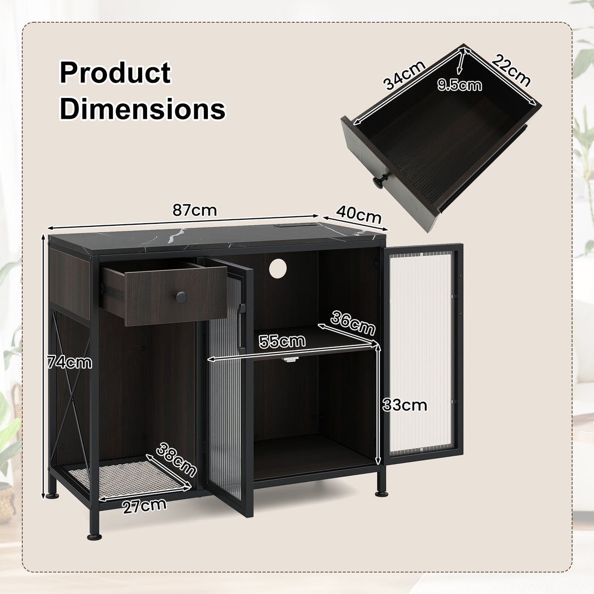 Buffet Sideboard with Power Outlets and LED Light Kitchen Storage Cabinet-Black
