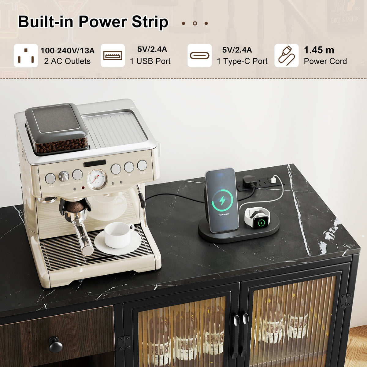 Buffet Sideboard with Power Outlets and LED Light Kitchen Storage Cabinet-Black