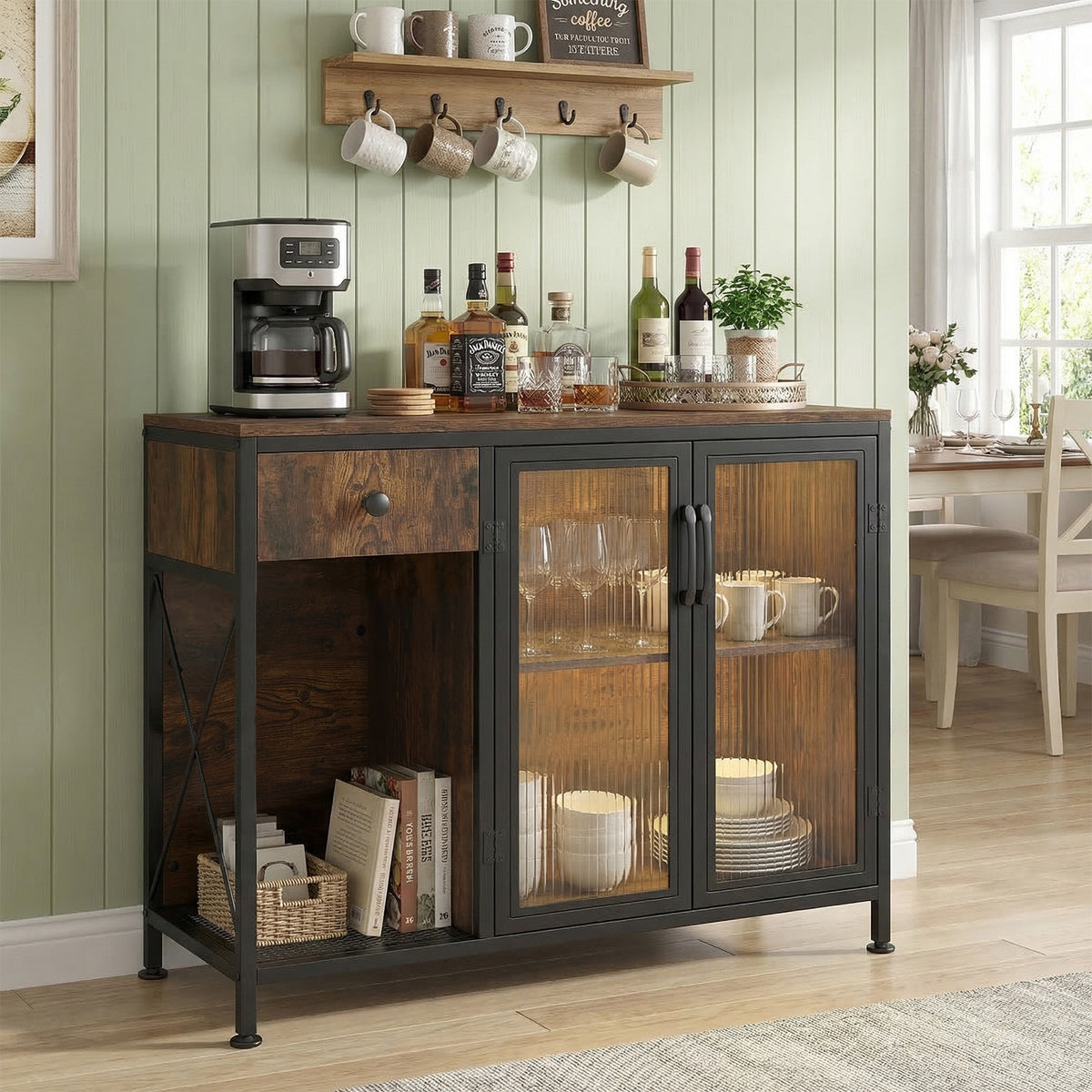 Buffet Sideboard with Power Outlets and LED Light Kitchen Storage Cabinet-Rustic Brown