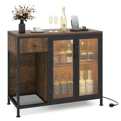 Buffet Sideboard with Power Outlets and LED Light Kitchen Storage Cabinet-Rustic Brown