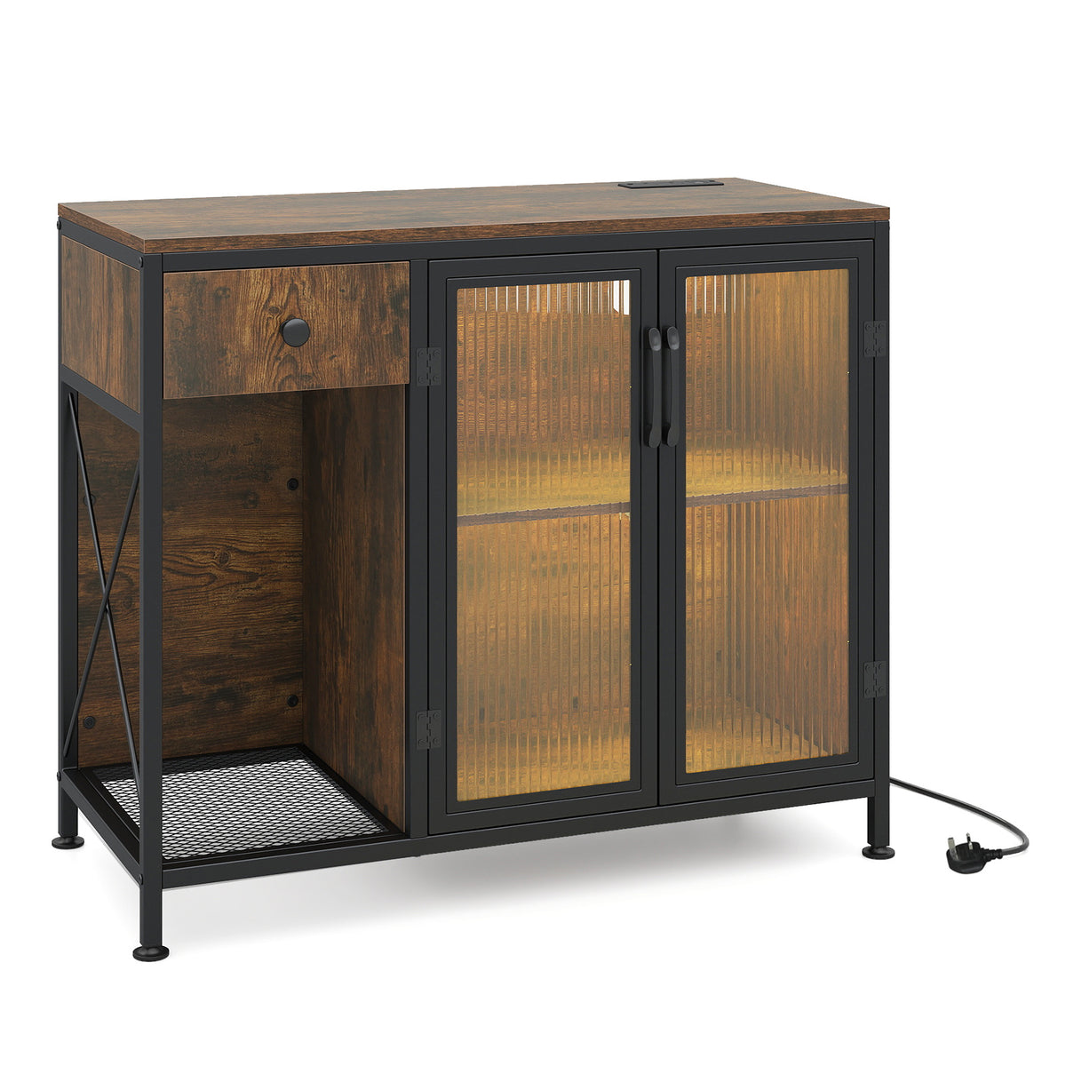 Buffet Sideboard with Power Outlets and LED Light Kitchen Storage Cabinet-Rustic Brown