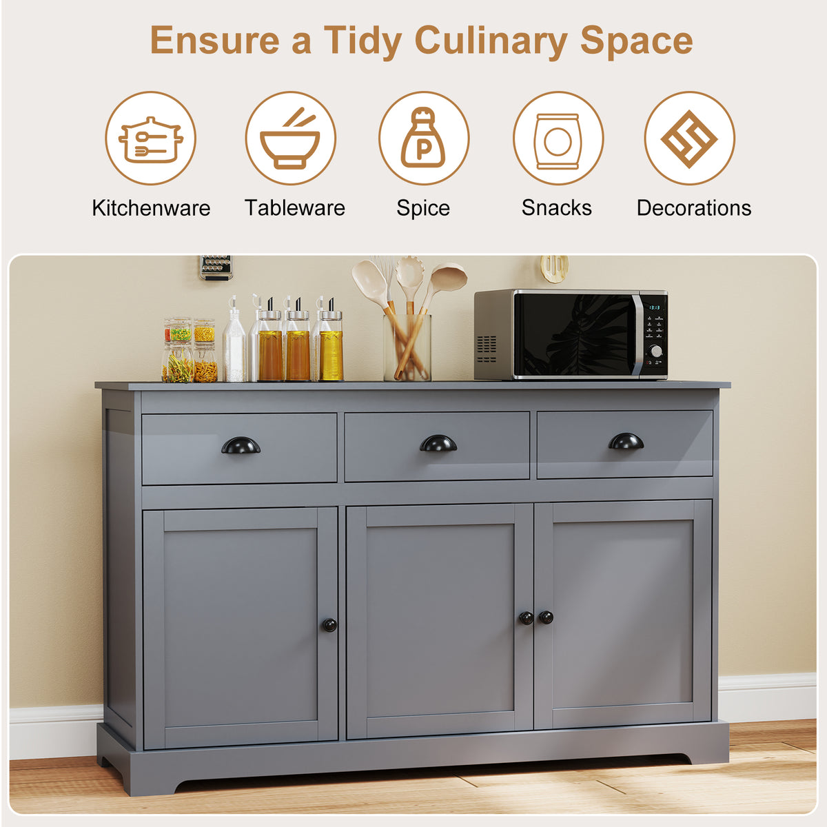 Modern Buffet Sideboard 136cm Storage Cabinet with 3 Drawers-Grey