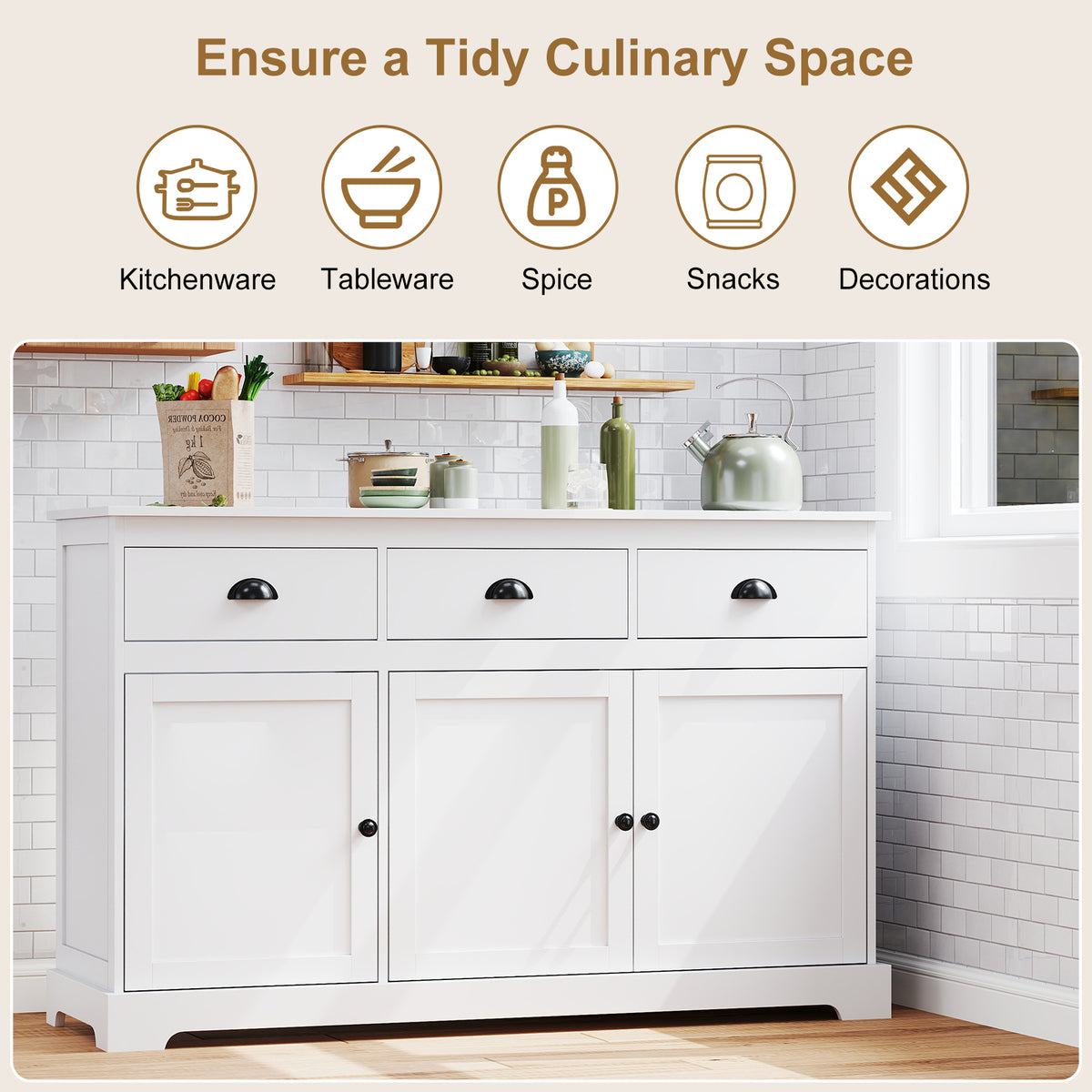 Modern Buffet Sideboard 136cm Storage Cabinet with 3 Drawers-White