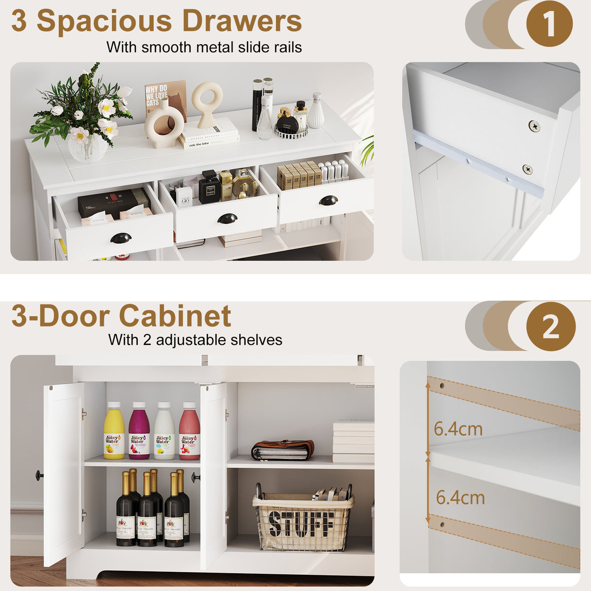 Modern Buffet Sideboard 136cm Storage Cabinet with 3 Drawers-White