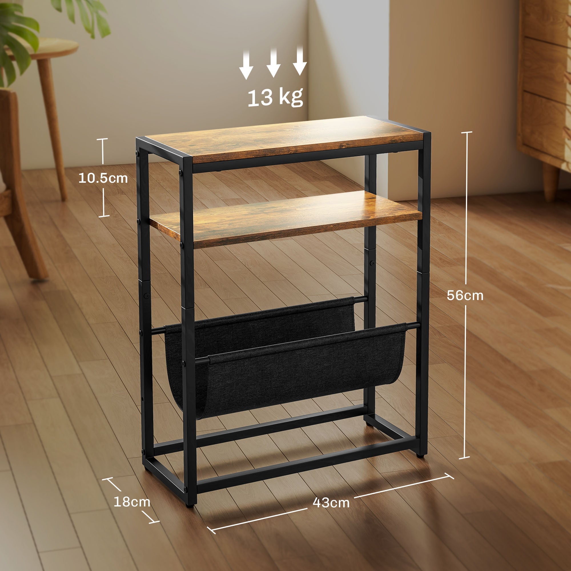 HOMCOM Narrow Side Table, End Table with 3-Tier Storage, V-Shaped Magazine Holder for Living Room, Bedroom, 43 x 18 x 56 cm, Ru