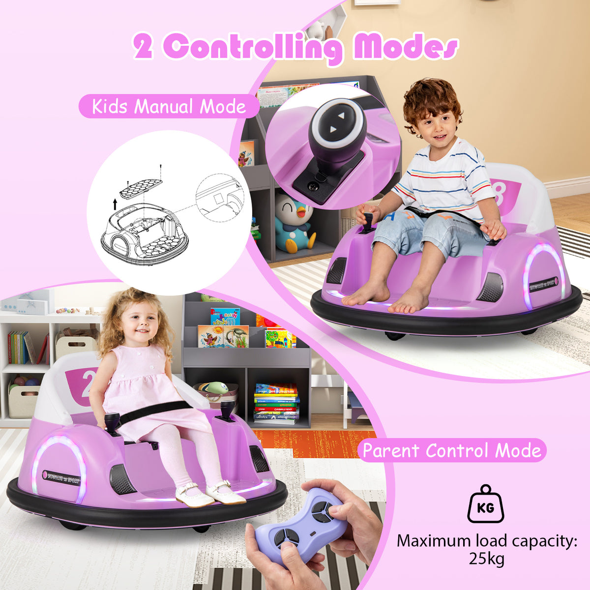 6V Kids Ride on Battery Powered Bumping Car with Flashing LED Lights-Pink