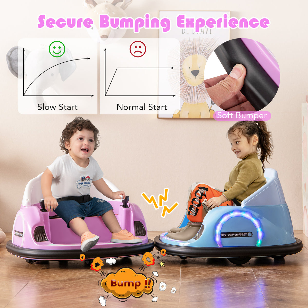 6V Kids Ride on Battery Powered Bumping Car with Flashing LED Lights-Pink