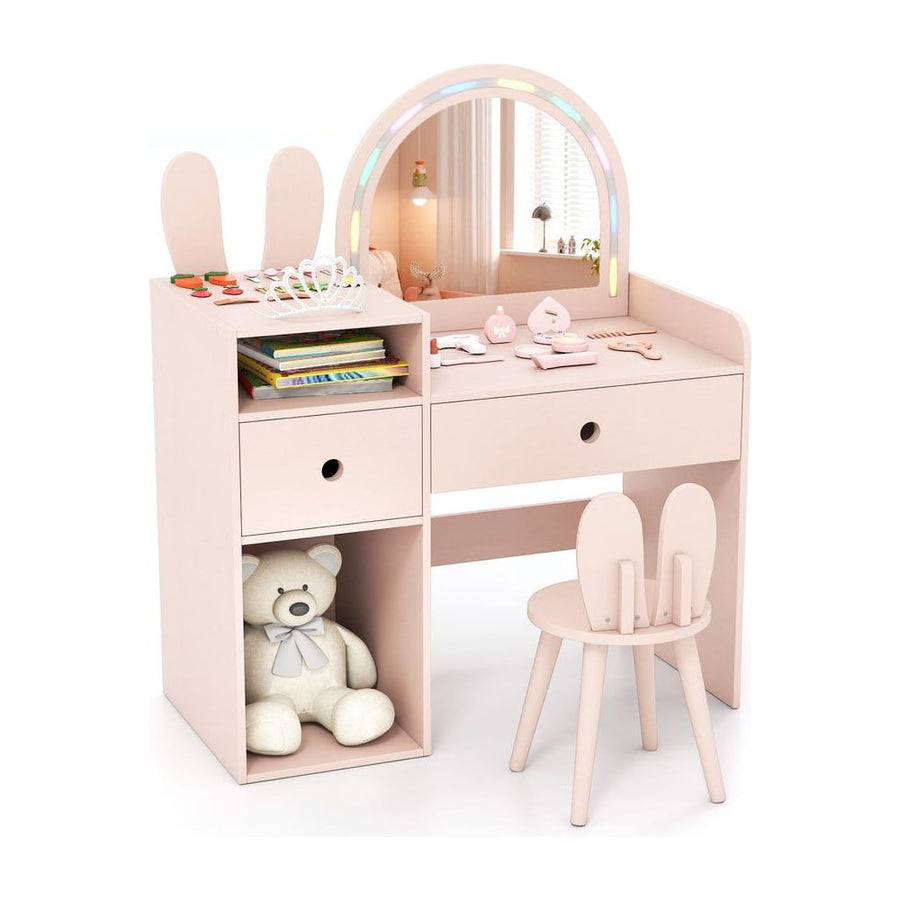 Bunny Kids Vanity Table and Chair Set with Lighted Mirror-Pink
