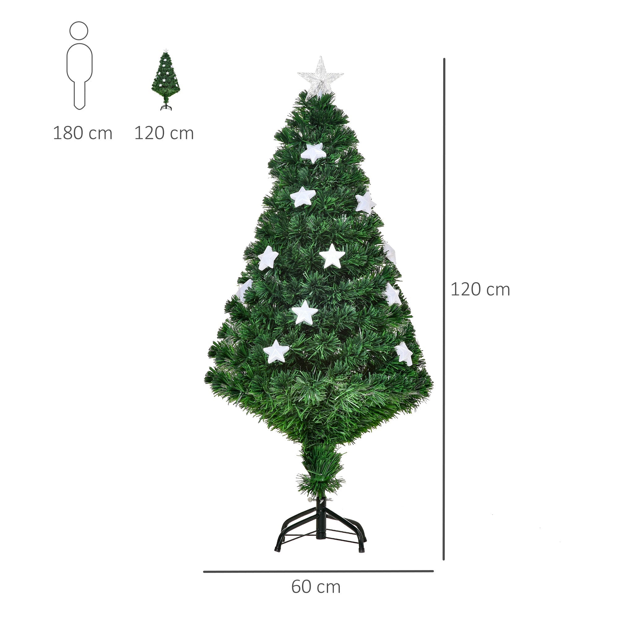 HOMCOM 4FT Prelit Artificial Christmas Tree Fibre Optic Star LED Light Holiday Home Xmas Decoration with LED Light for Indoor Party, Green
