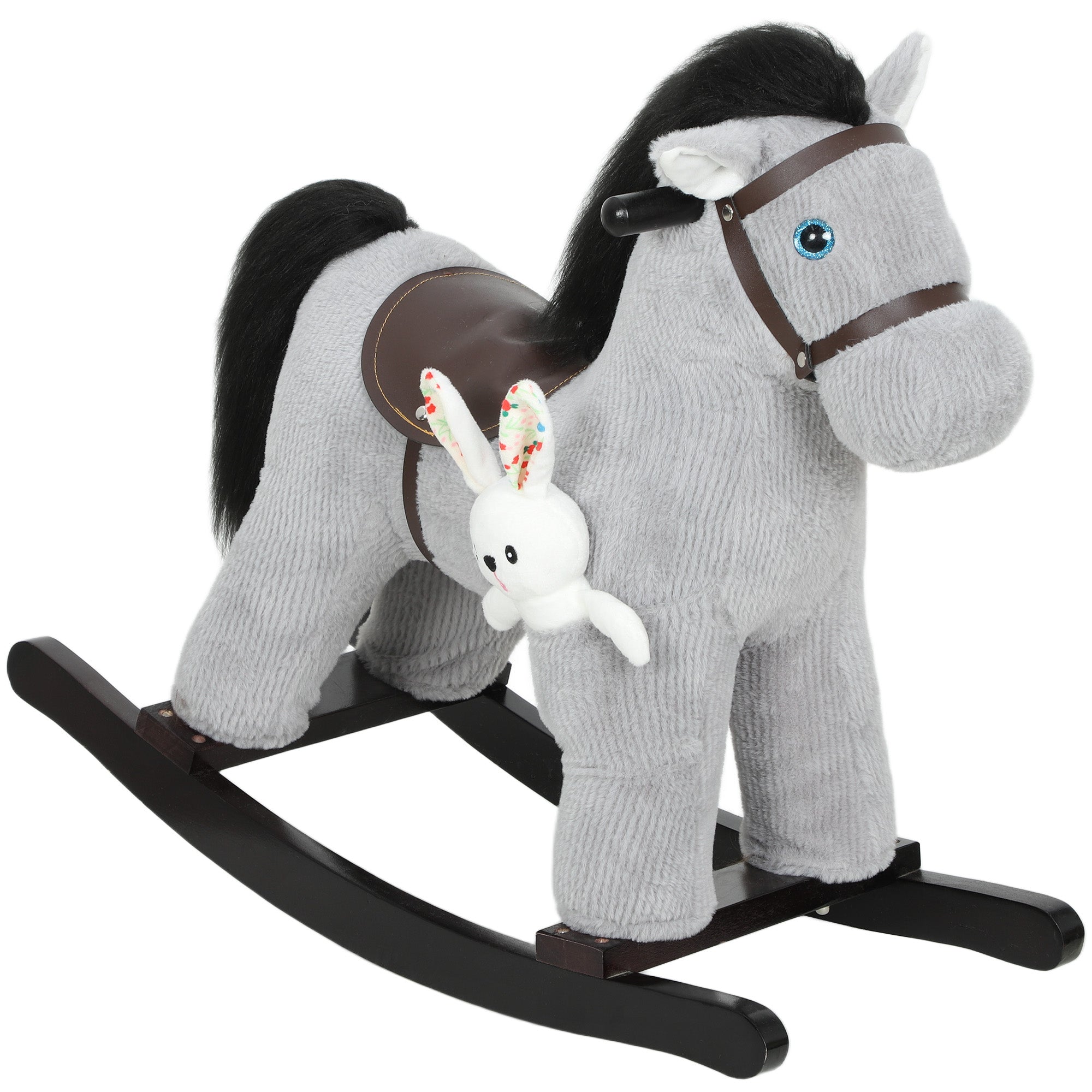AIYAPLAY Baby Rocking Horse, Plush Ride on Toy with Handle Grip, Sound and Doll, Toddler Animal Rocker for Kids Aged 2-5, Grey