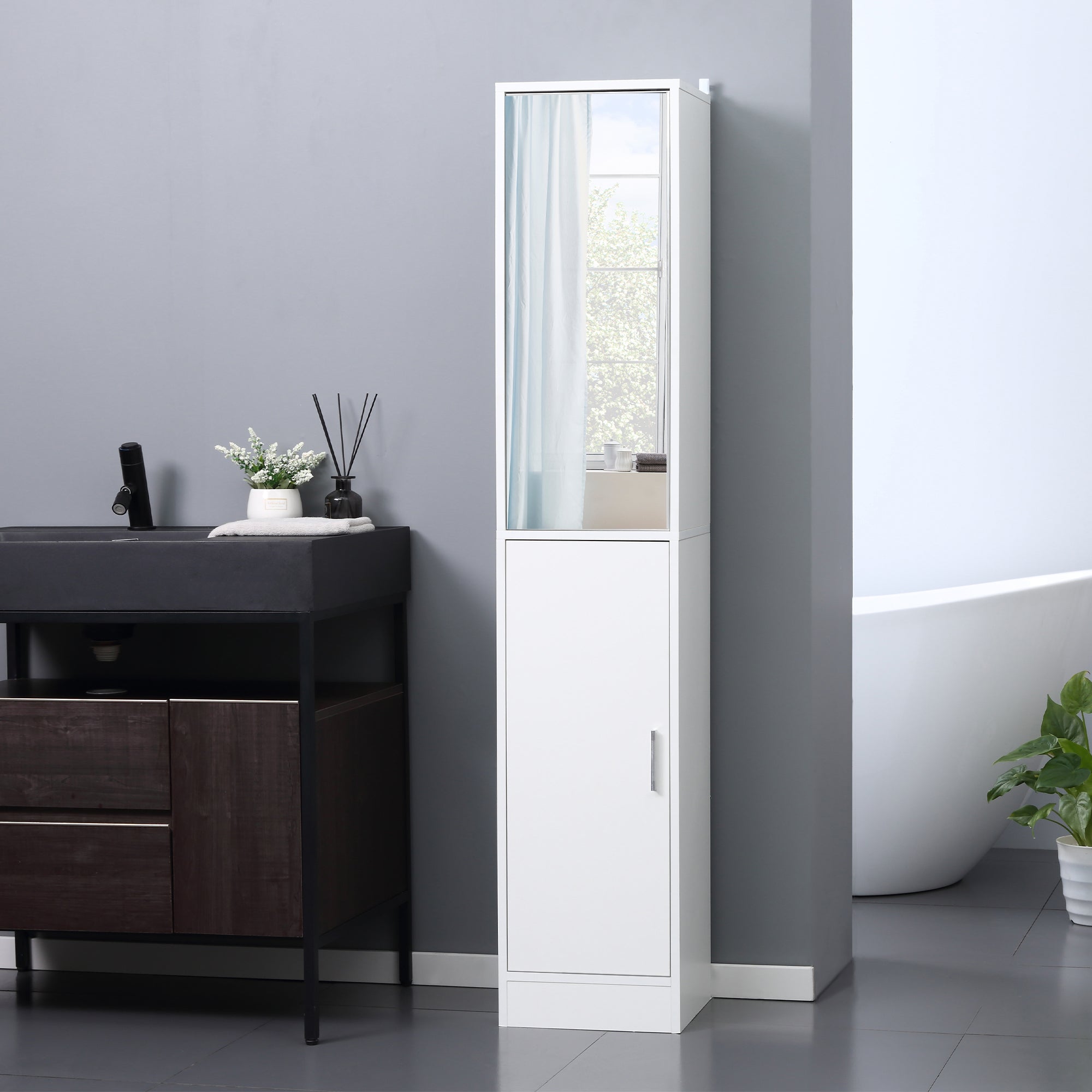 kleankin Tall Bathroom Cabinet with Mirror and Adjustable Shelf - White