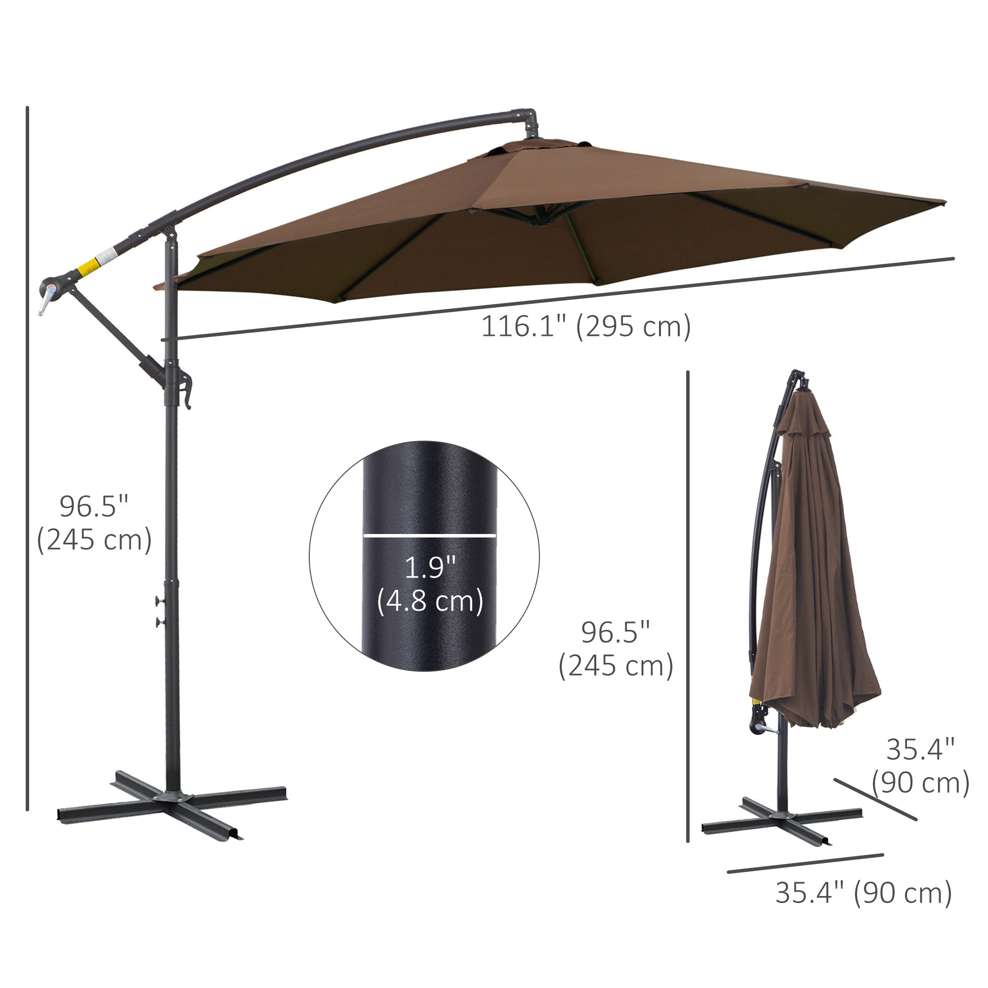 Outsunny 2.45m Overhanging Cantilever Parasol, Heavy Duty Waterproof Garden Umbrella with Cross Base, Brown