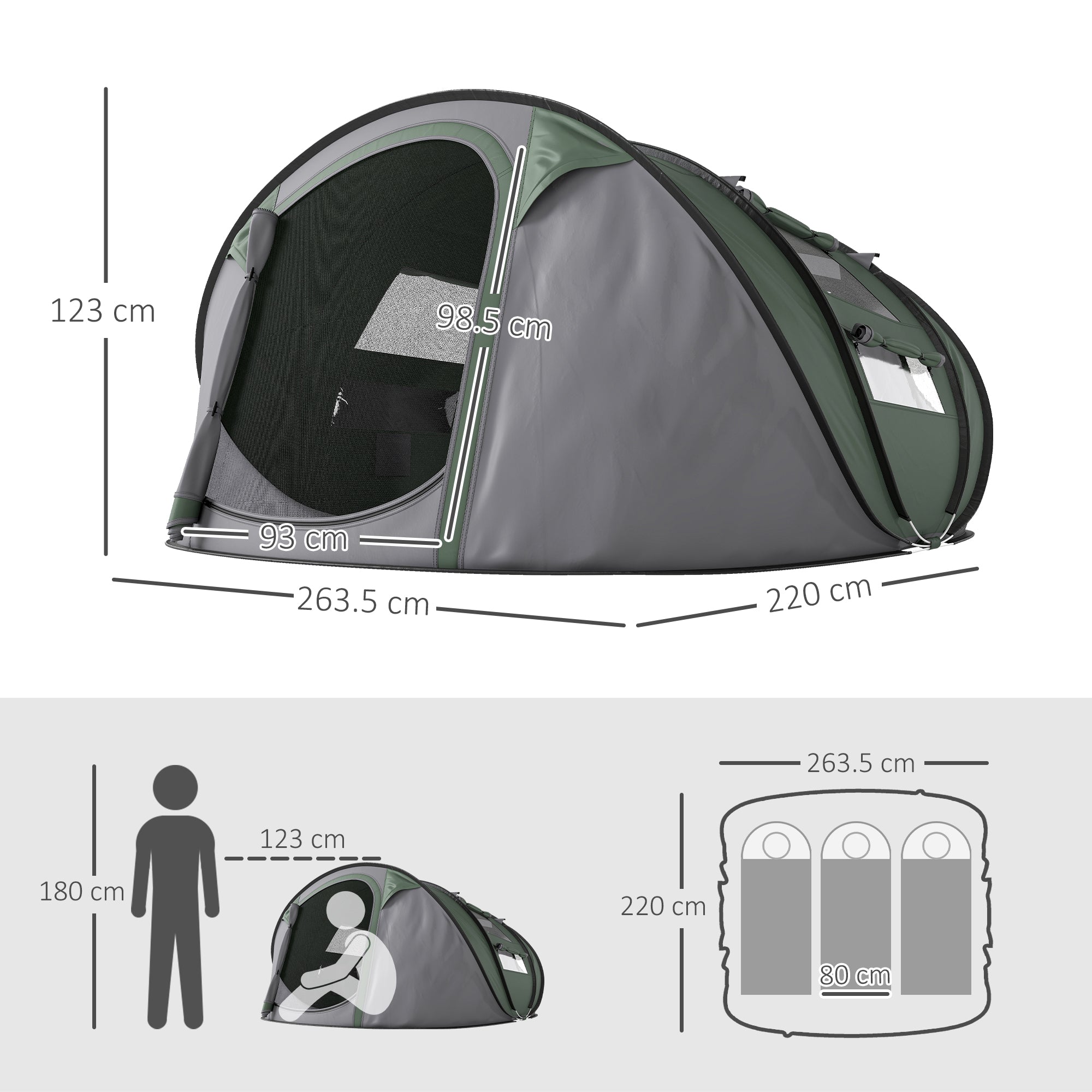 Outsunny 4 Person Pop-up Camping Tent Family Tent with Ground Sheet, 4 Windows and Portable Carry Bag for Beach Outdoor Trip, Dark Green