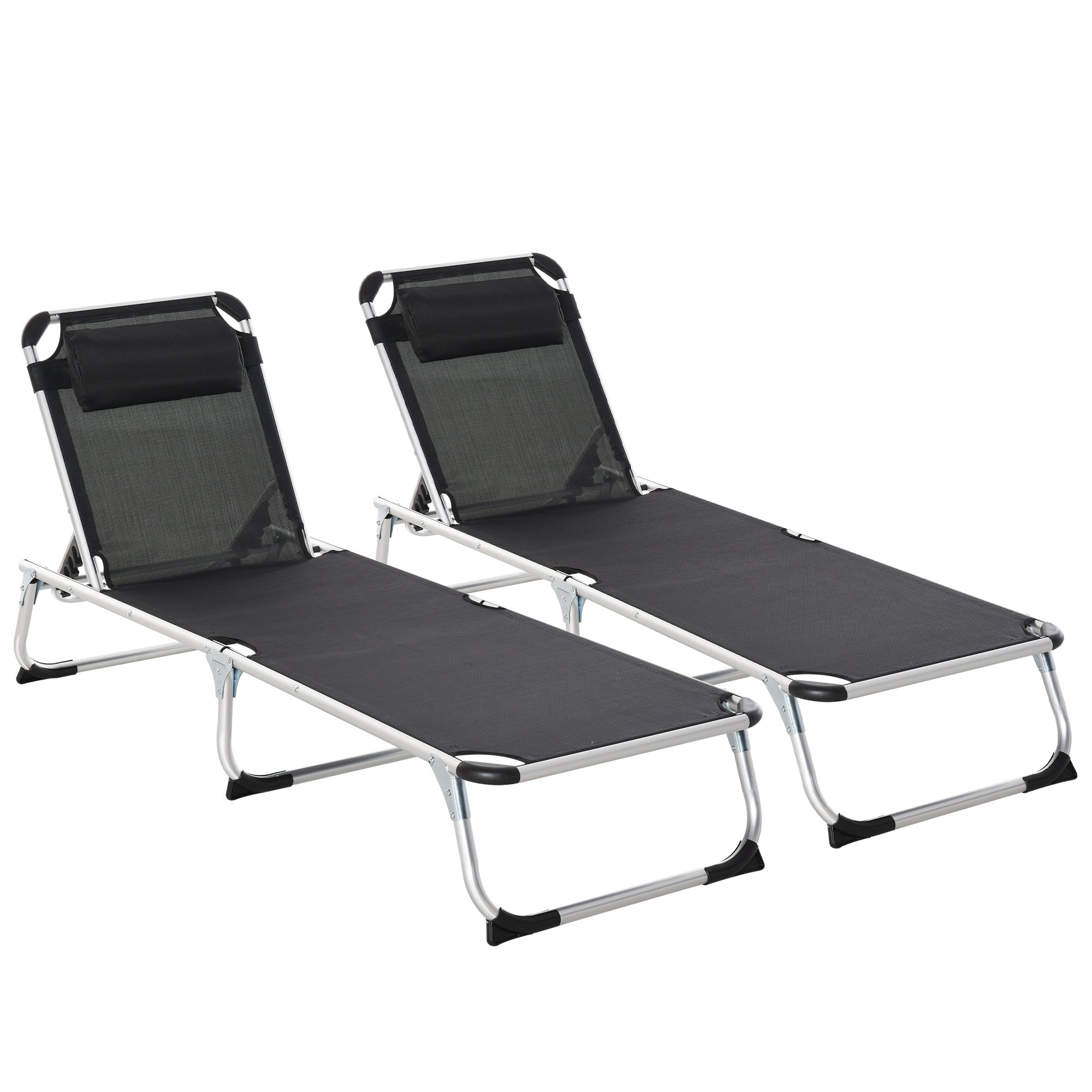 Outsunny Foldable Outdoor Sun Loungers Set of 2, Reclining Lounge Chair Camping Bed Cot with Pillow 4-Level Adjustable Back Aluminium Frame, Black