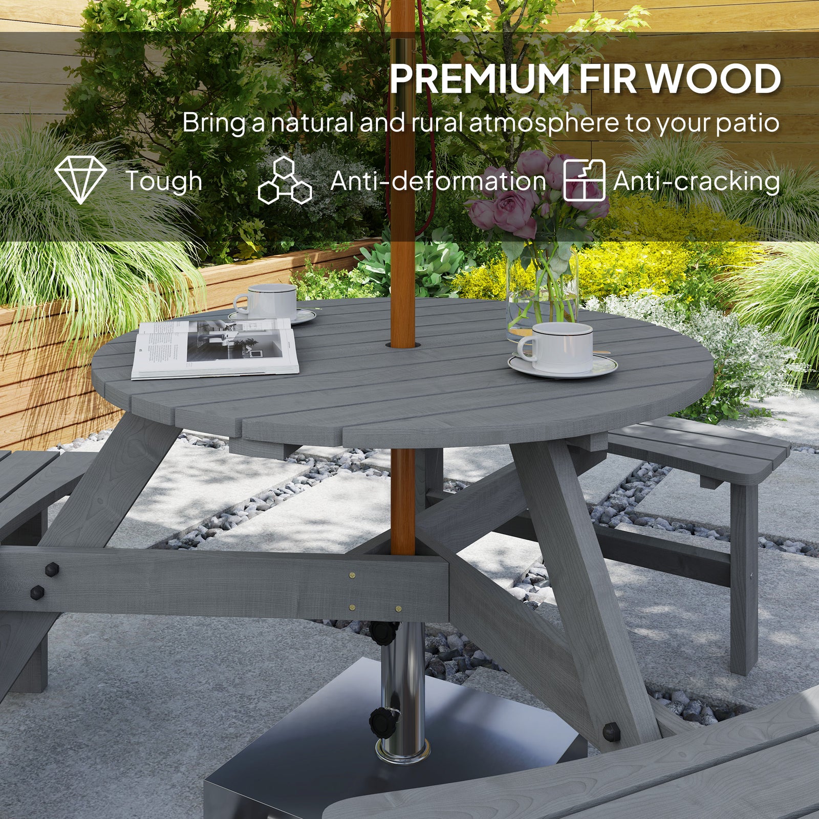 Outsunny Wooden Garden Dining Set, 6 Seater Round Dining Picnic Table with Matching Bench, Garden Furniture Set with Parasol Hole for Outdoor Patio Party and Family Gatherings, Grey