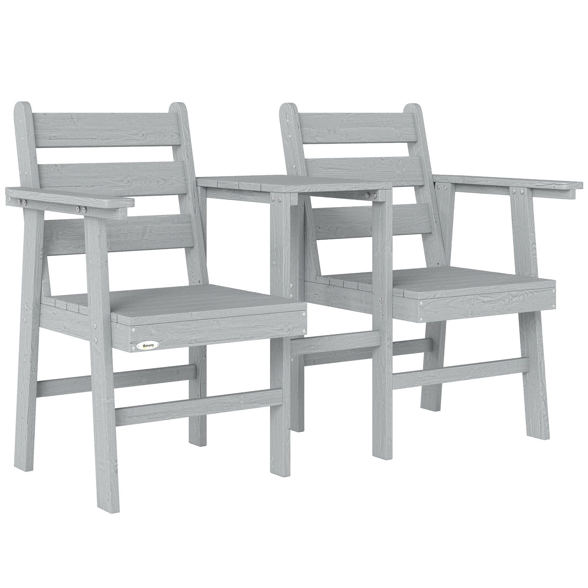 Outsunny Outdoor Garden Loveseat, Embossed Wooden Jack and Jill Garden Seat with Integrated Table, Grey