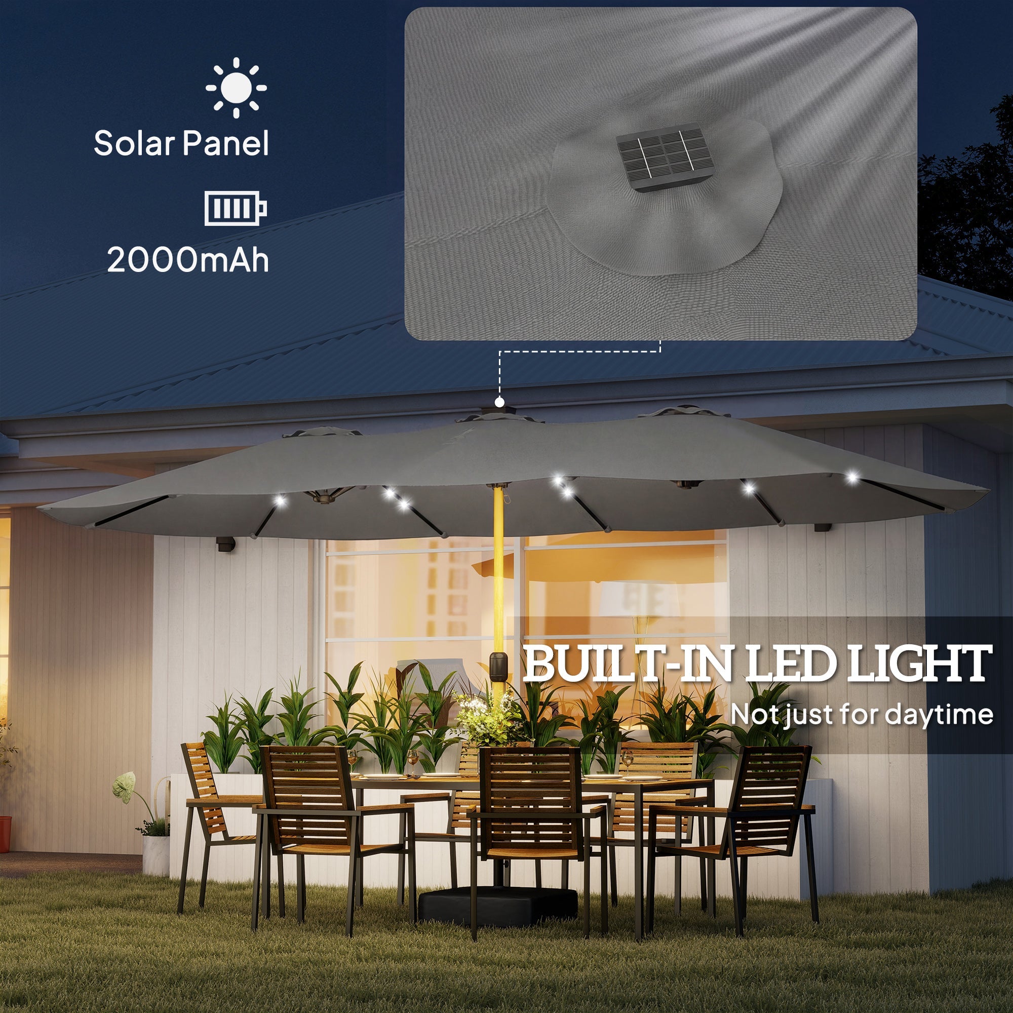 Outsunny Double Sided Garden Parasol with Base Included & 48 Solar LED Lights Patio Umbrella Crank Handle 4.6m Light Grey
