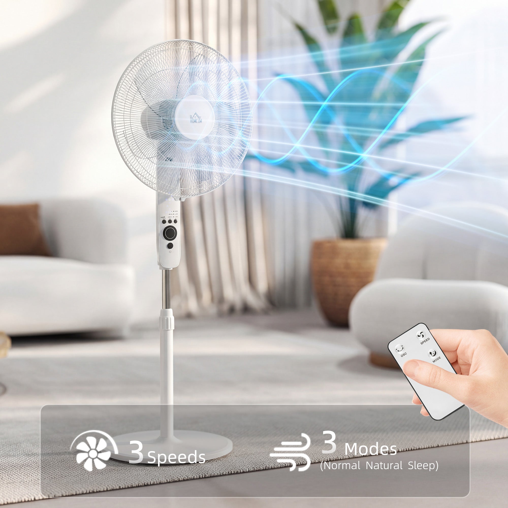 HOMCOM 18" Pedestal Fan with Sleep Mode, Oscillating Standing Fan with 3 Modes, Remote Control, Adjustable Height, White