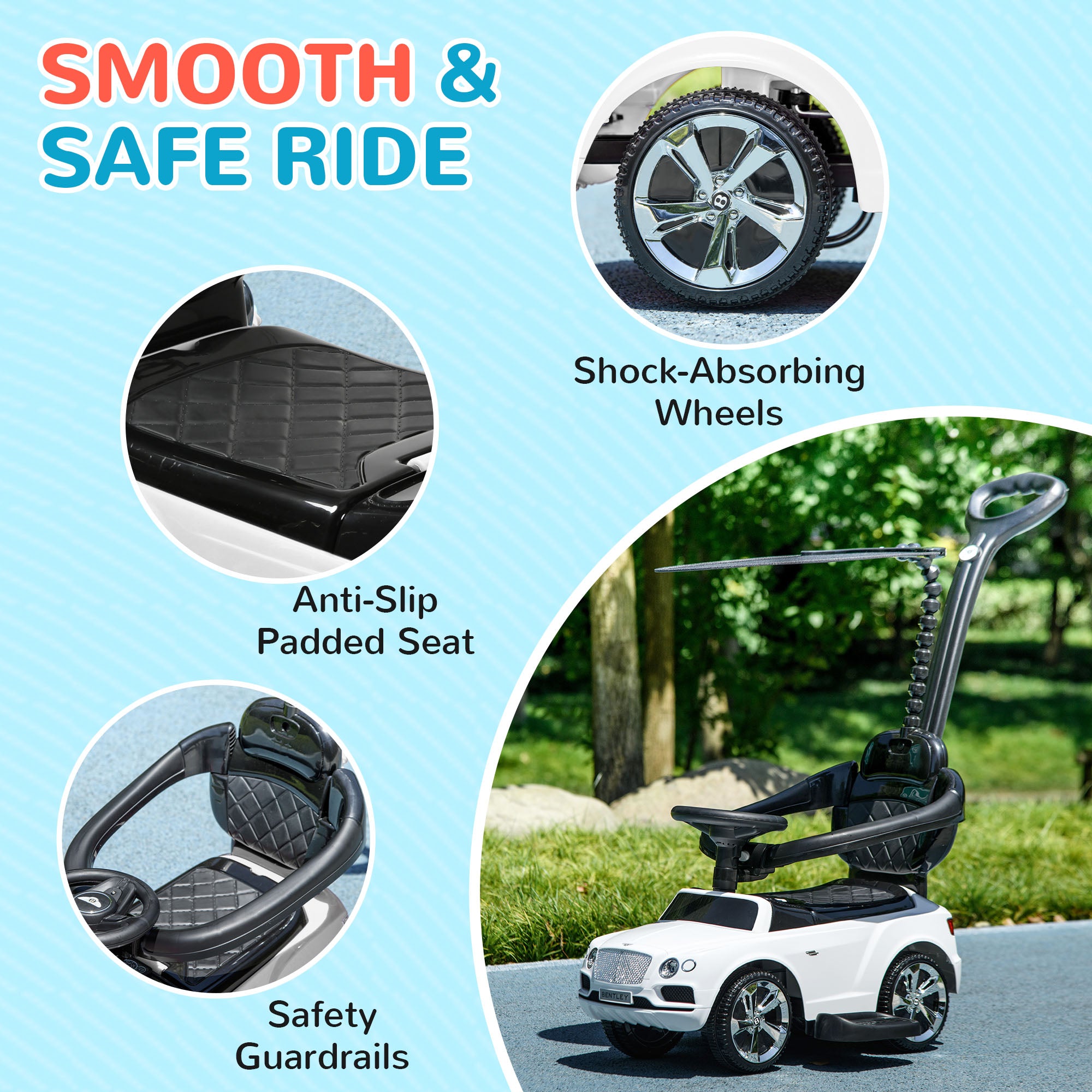 AIYAPLAY Bentley Bentayga Licensed 3-in-1 Baby Push Car, Ride on Car Sliding Car with Canopy, Horn Music - White