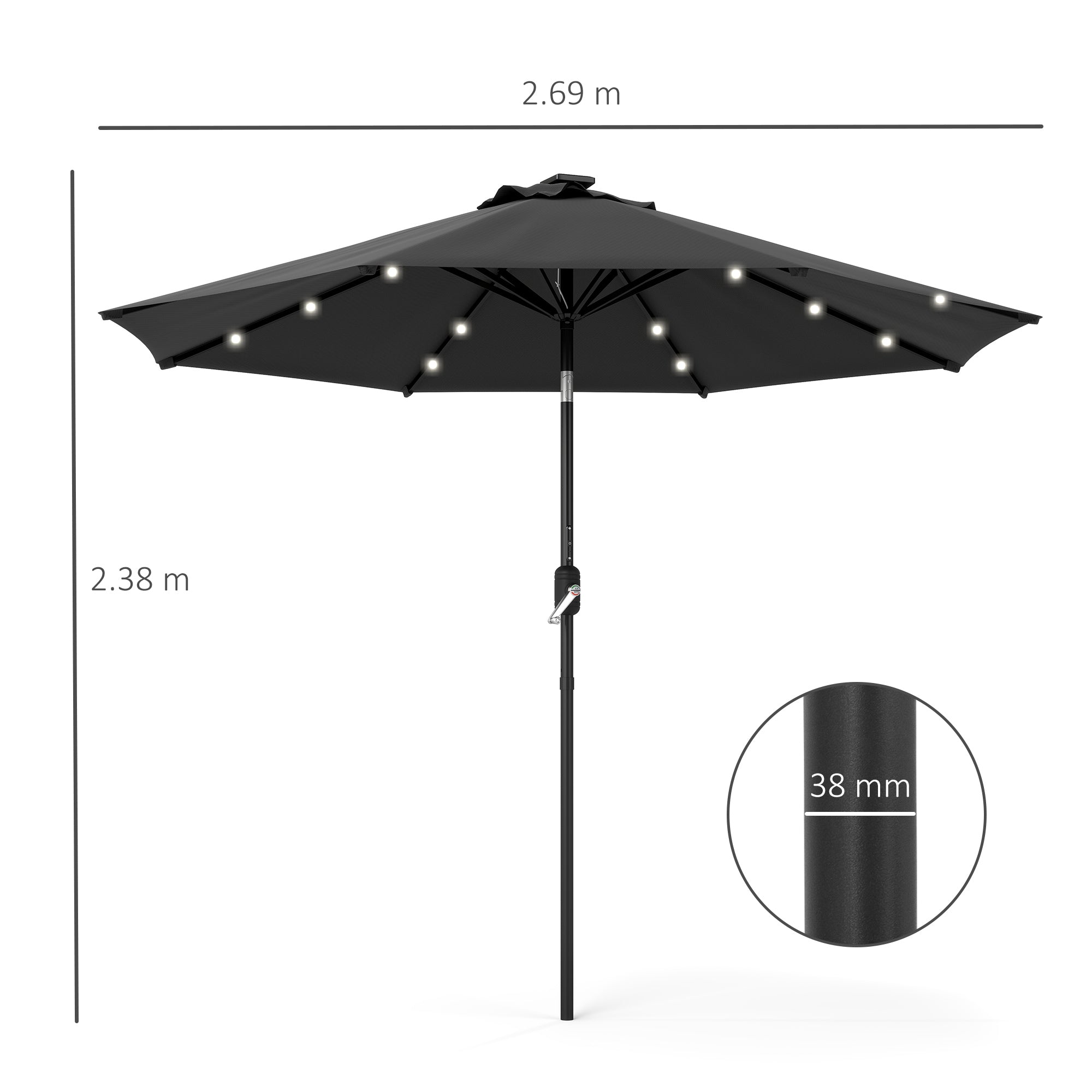 Outsunny 2.7m Garden Parasol Solar Outdoor Tilt Sun Umbrella Patio Sun Shade w/ 24 LED Light, Hand Crank and 8 Ribs, Black