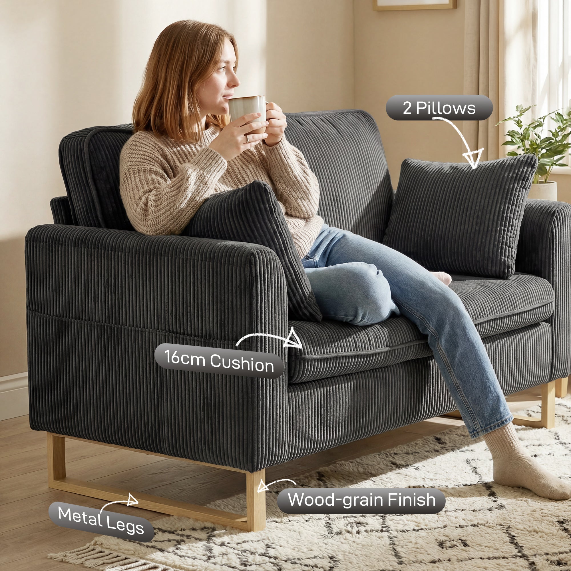 HOMCOM 2 Seater Sofa, 140 cm Loveseat Sofa with Spring Cushions, Metal Legs, 2 Pillows, Dark Grey