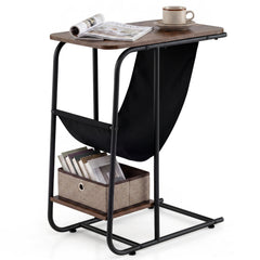 C-Shaped End Table with Canvas Book Holder and Bottom Storage Shelf-Ruticbrown