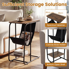 C-Shaped End Table with Canvas Book Holder and Bottom Storage Shelf-Ruticbrown