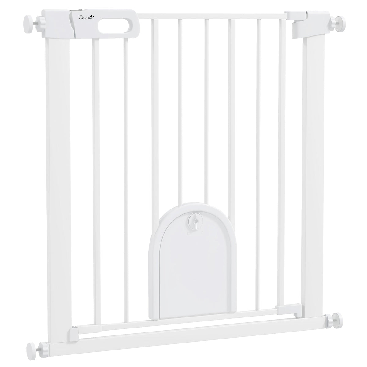 PawHut 75-82cm Pet Safet Gaye, Pressure Fit Stair, with Cat Flap, Double Locking, White