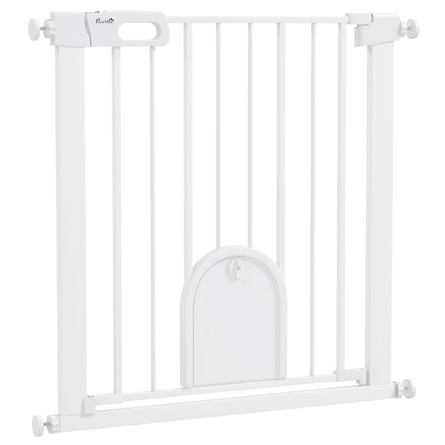 PawHut 75-82cm Pet Safet Gaye, Pressure Fit Stair, with Cat Flap, Double Locking, White