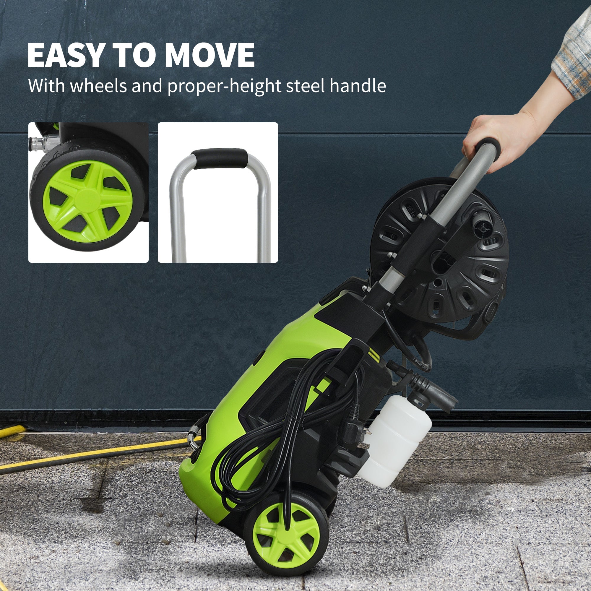 Outsunny 1800W High√Ç Pressure√Ç Washer, 150 Bar Pressure, 420 L/h Flow, Portable Power Washer Jet Wash Cleaner with Adjustable Nozzle, 6M Hose, Hose Reel, Steel Handle for Home Patio Car Driveway, Green