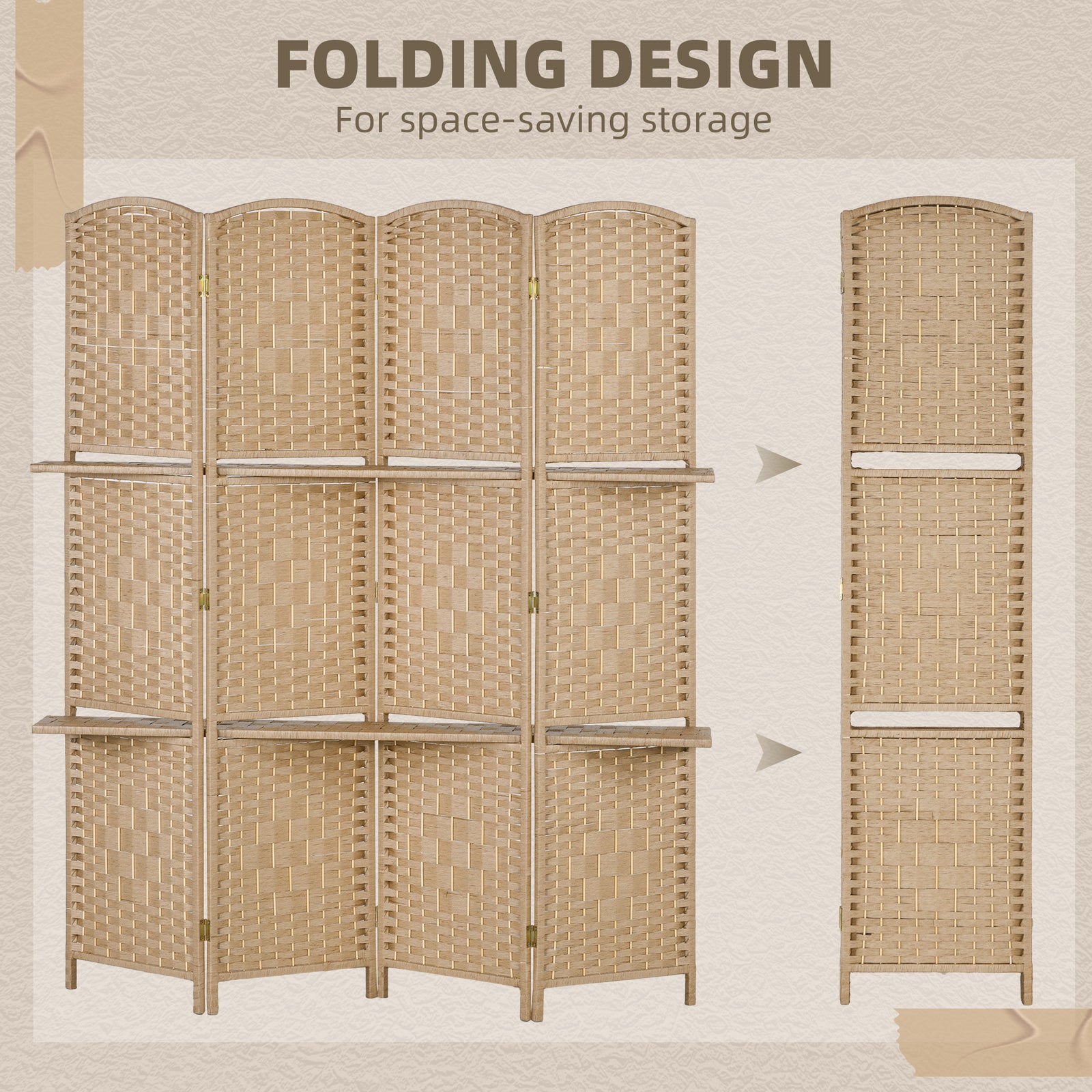 HOMCOM Freestanding Privacy Screen, 4 Panel Folding Room Divider for Living Room, Bedroom and Office, 160 x 170cm, Natural