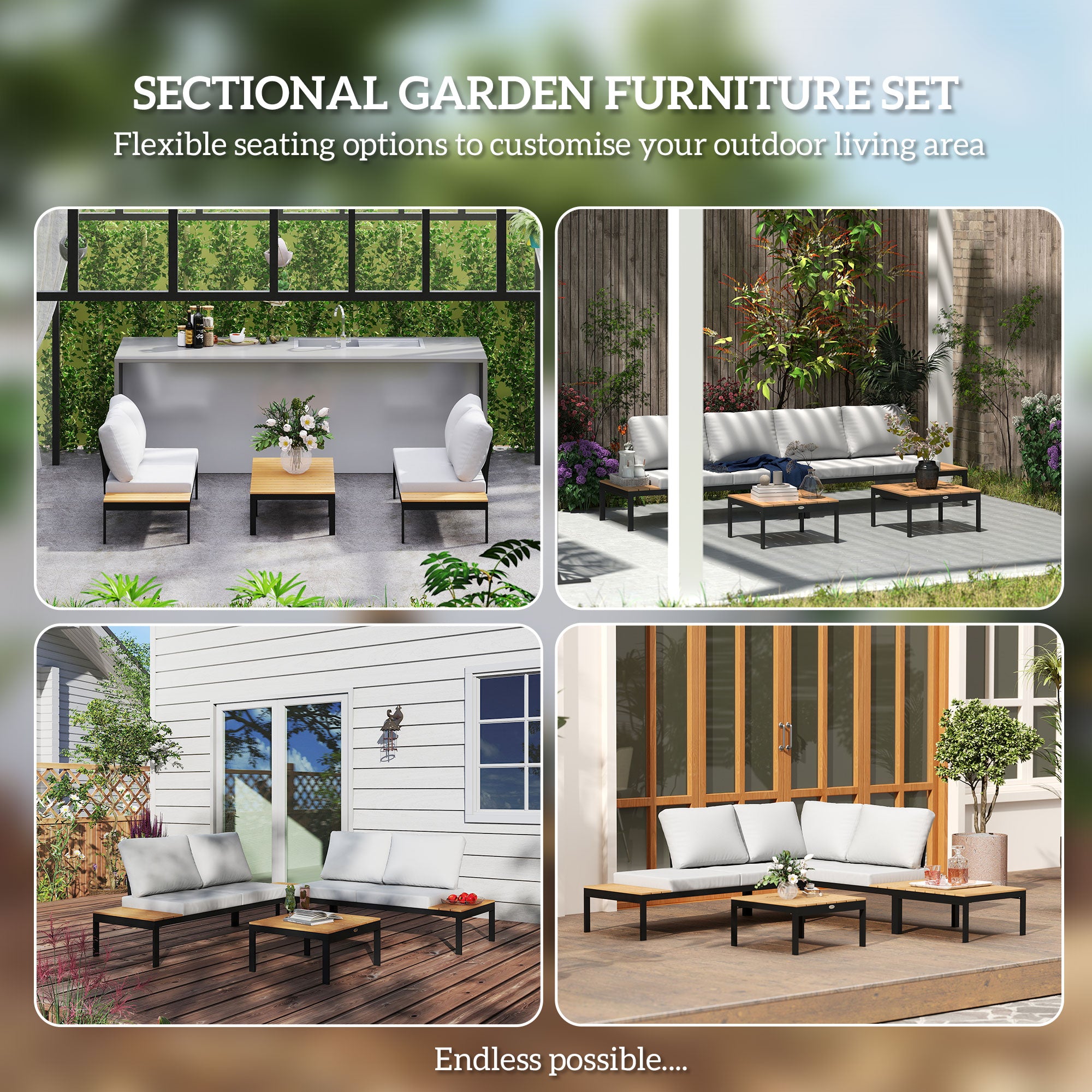 Outsunny Four-Piece Garden Corner Sofa Set with 2 Loveseats and 2 Coffee Tables - Teak