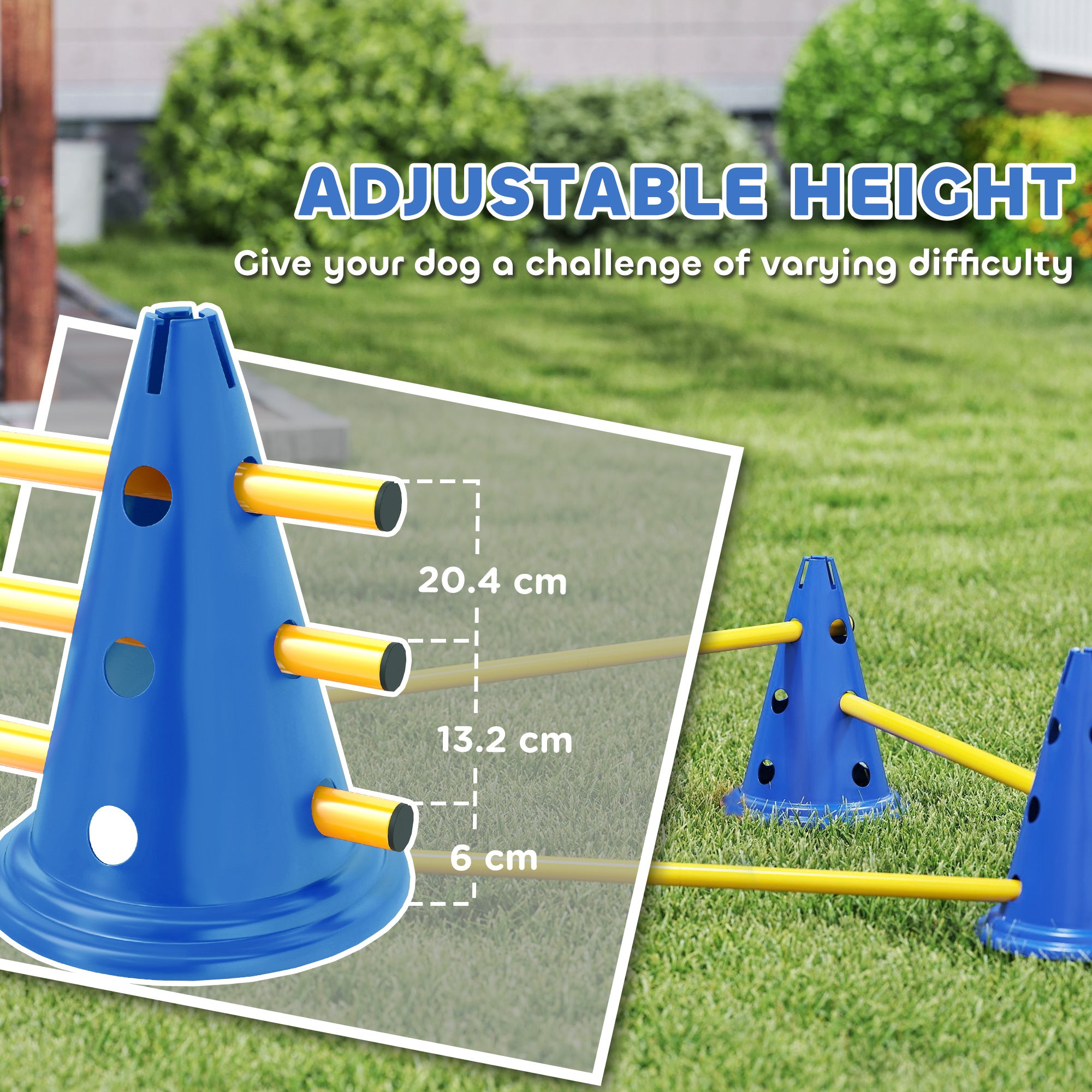PawHut Dog Agility Equipment Set of Eight Cones, Eight Poles w/ Carry Bag, Four-Piece Adjustable Height Jumping Obstacles Blue