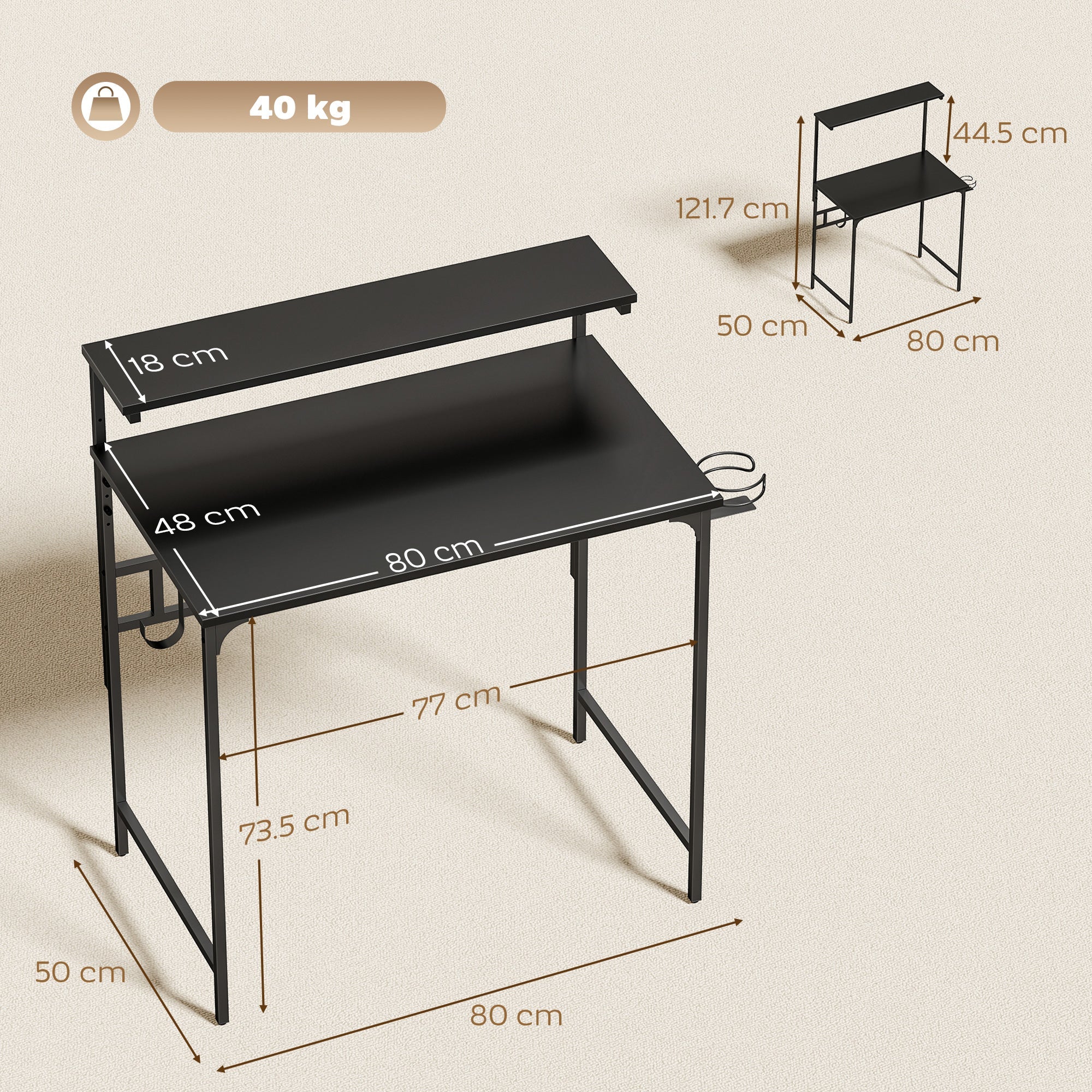 HOMCOM Computer Desk, 80cm Home Office Study Table with Hutch Shelf, Cup Holder, Headphone Hook, Black