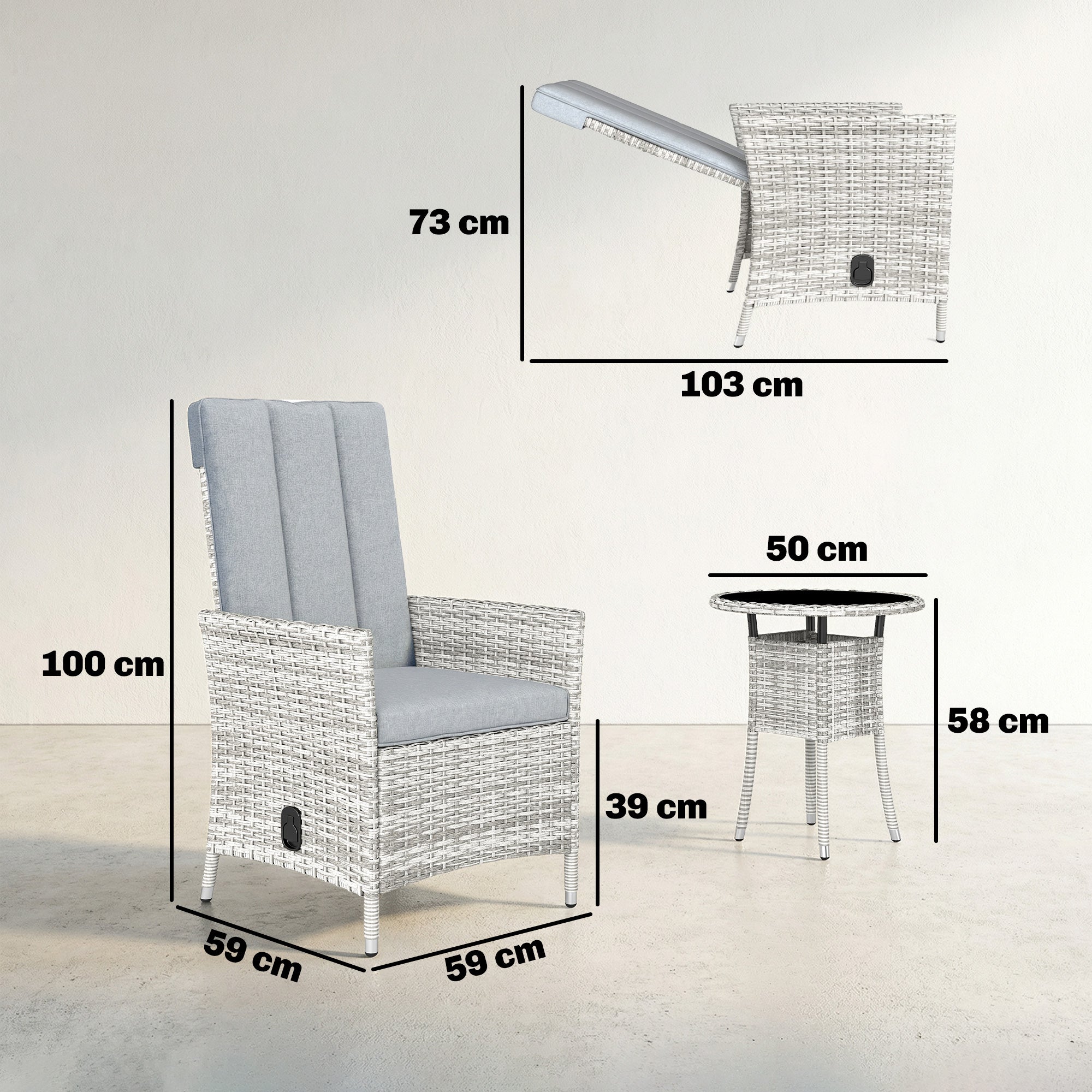 Outsunny Rattan Bistro Set, Reclining Garden Chairs and Glass Coffee Table with Cushions for Patio Balcony Porch, Light Grey