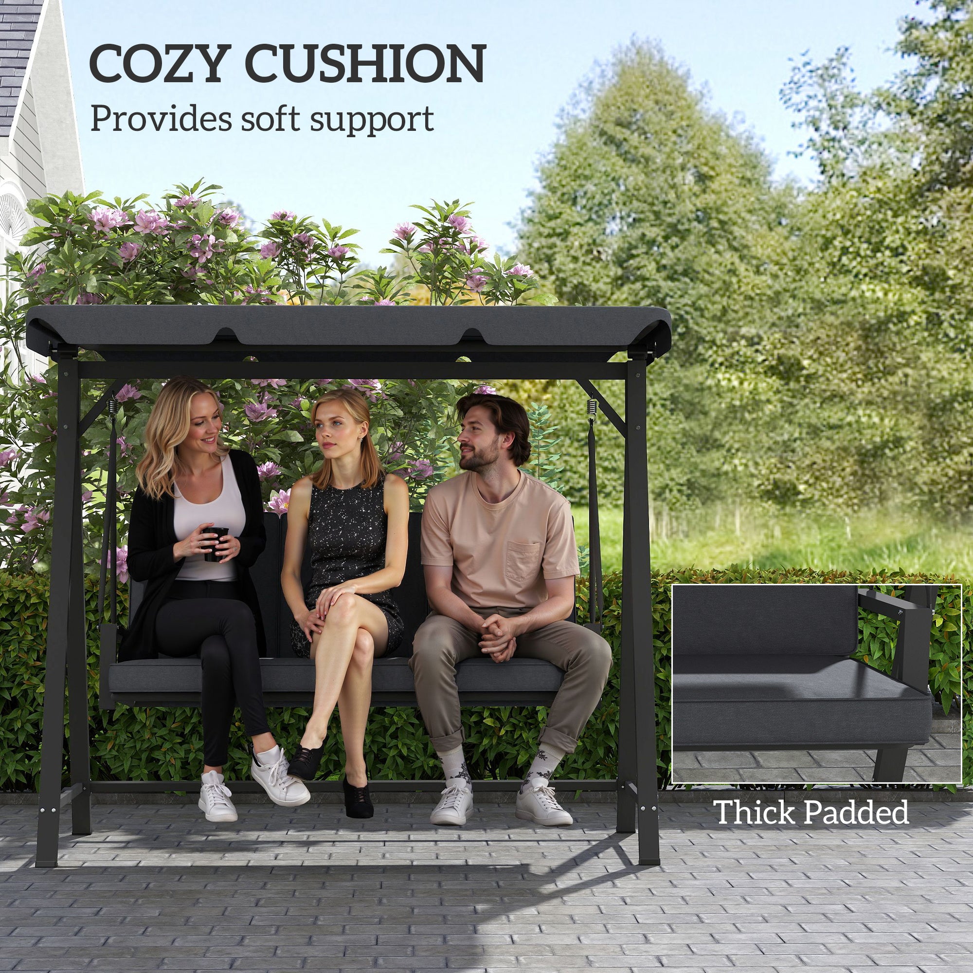 Outsunny Three-Seater Garden Swing Bench, with Adjustable Canopy - Dark Grey