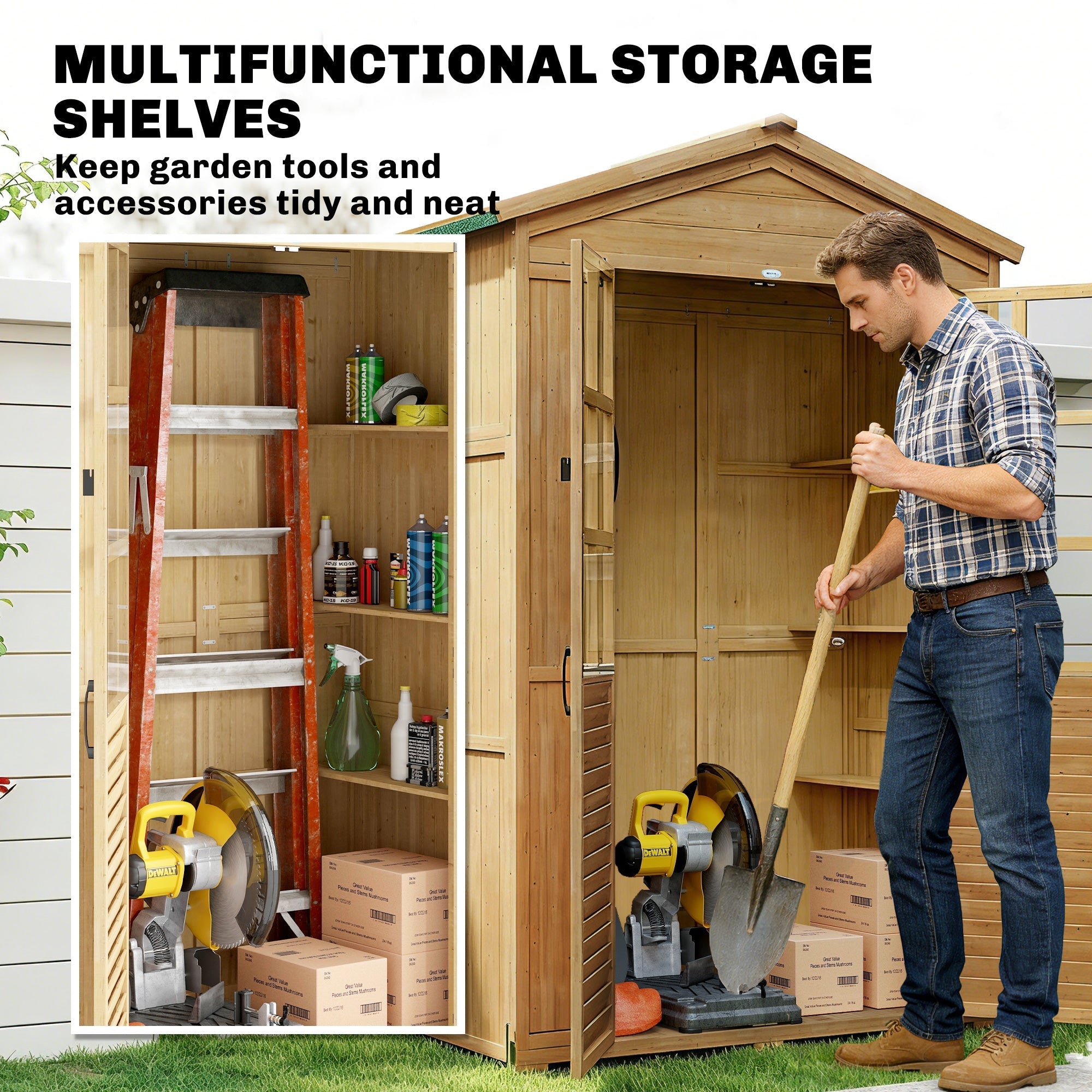 Outsunny Outdoor Wooden Storage Cabinet, Garden Tool Shed with Acrylic Windows for Patio, Light Brown