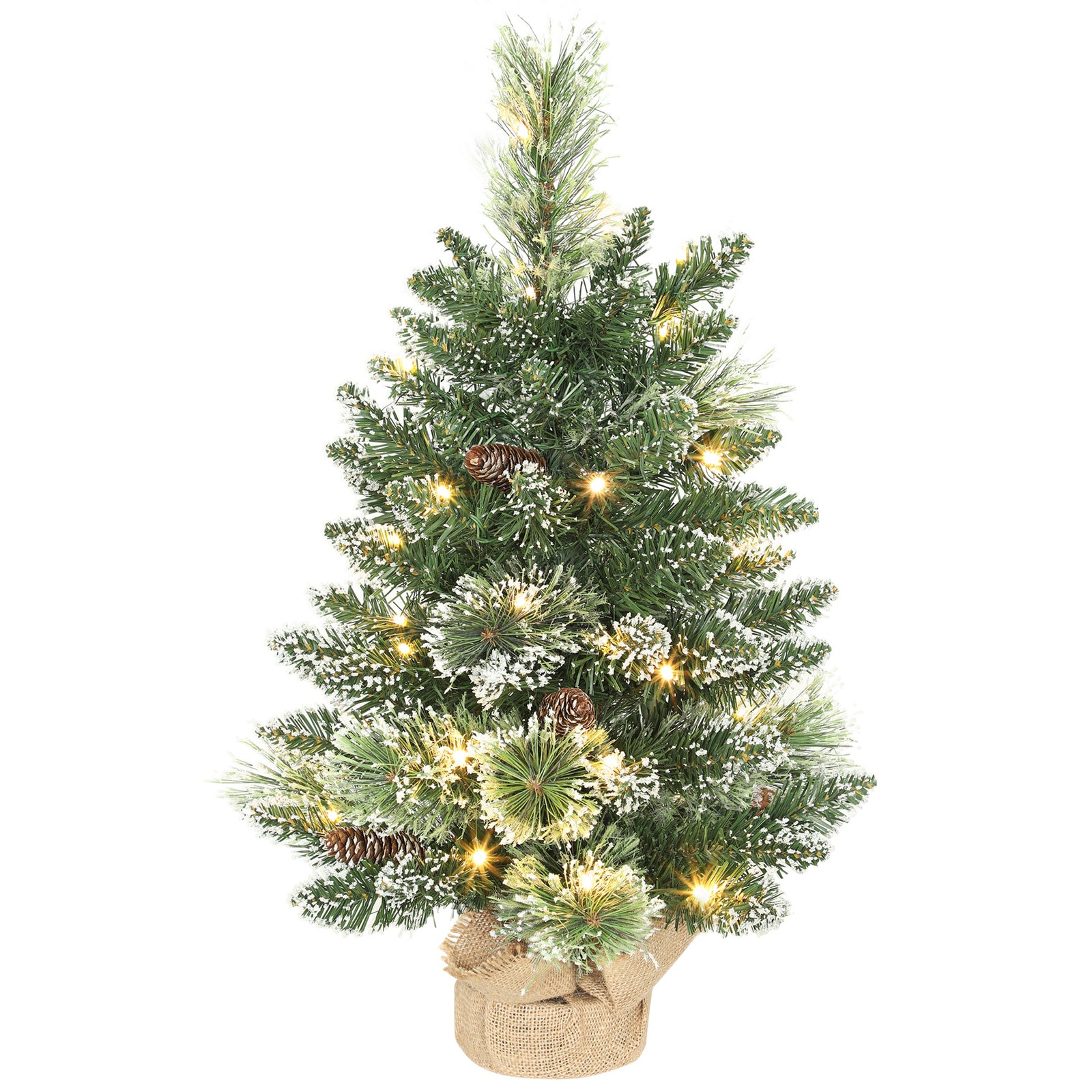 HOMCOM 60 cm Prelit Small Christmas Tree, Snow Flocked Tabletop Mini Xmas Tree with 35 LED Lights, Pine Cones and Linen Cover Base, Battery Operated, Green