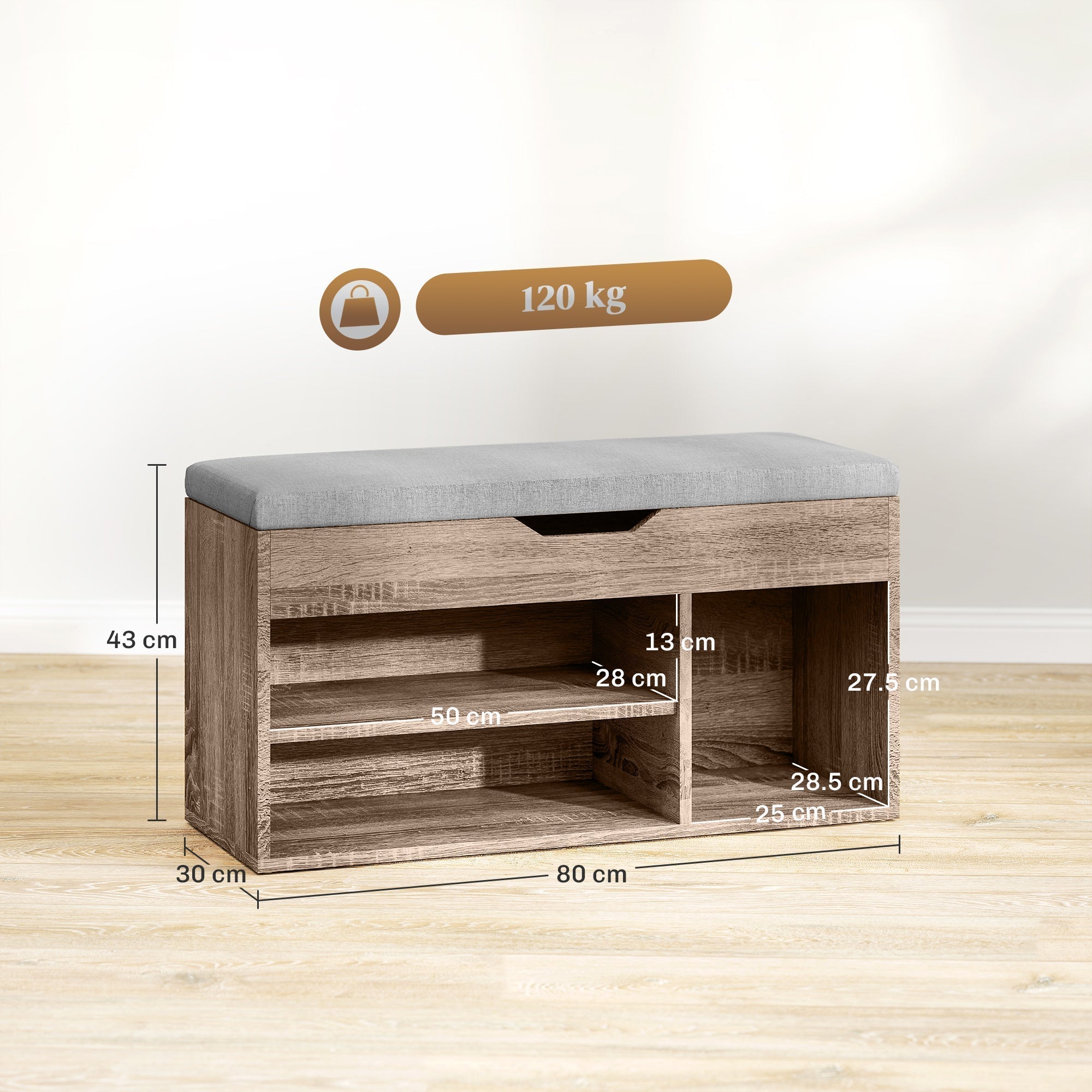 HOMCOM Shoes Cabinet Bench Hidden Storage Padded Seat Organiser Footwear Rack Hallway Grey Wood Grain