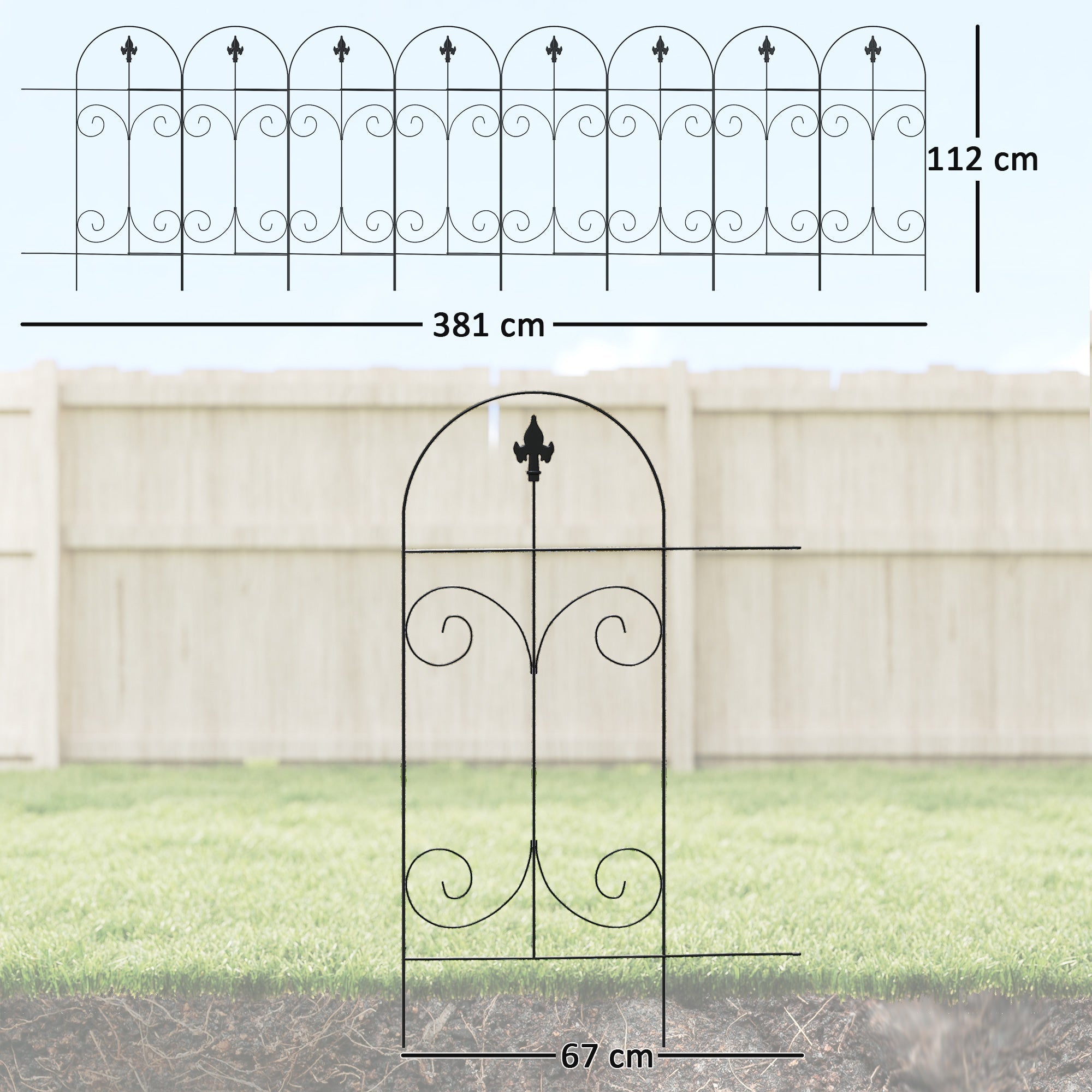 Outsunny Decorative Garden Fencing, 8PCs 44in x 12.5ft Outdoor Picket Fence Panels, Rustproof Metal Wire Landscape Flower Bed Border Edging, Black