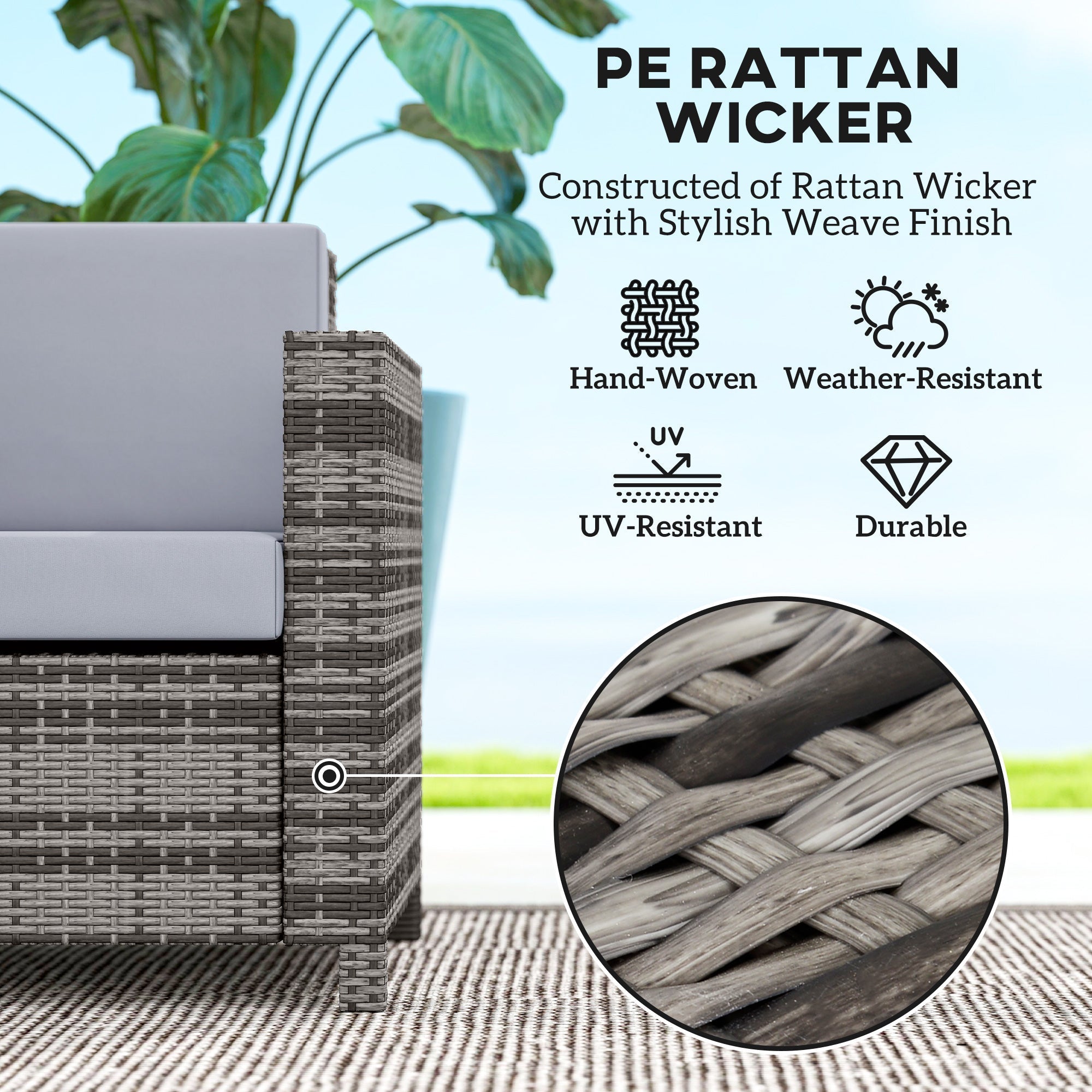 Outsunny Rattan Sofa, 2 Seater Garden Furniture with Soft Padded Cushion and Armrests, Wicker Garden Loveseat for Patio, Mixed Grey