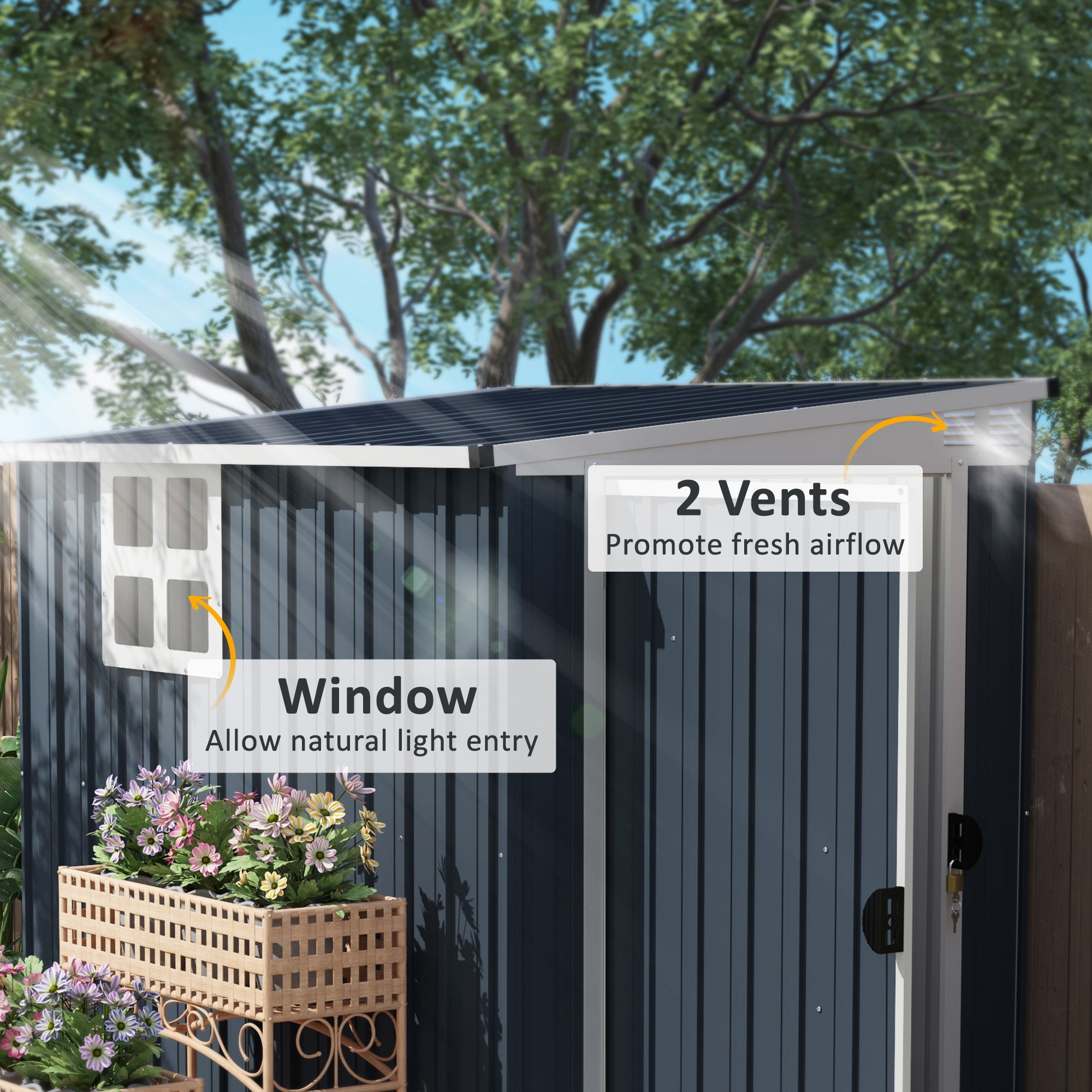 Outsunny 4 x 6ft Garden Metal Shed, Outdoor Storage Shed with Window, 2 Vents and Lockable Door for Garden, Patio, Dark Grey
