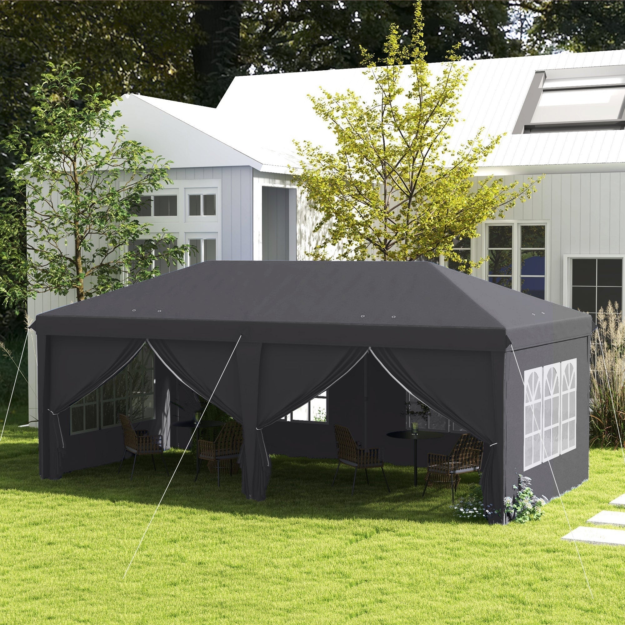 Outsunny Outsunny 3 x 6 m Garden Pop Up Gazebo, Wedding Party Tent Marquee, Water Resistant Awning Canopy with Sidewalls, Windows, Carry Bag, Grey