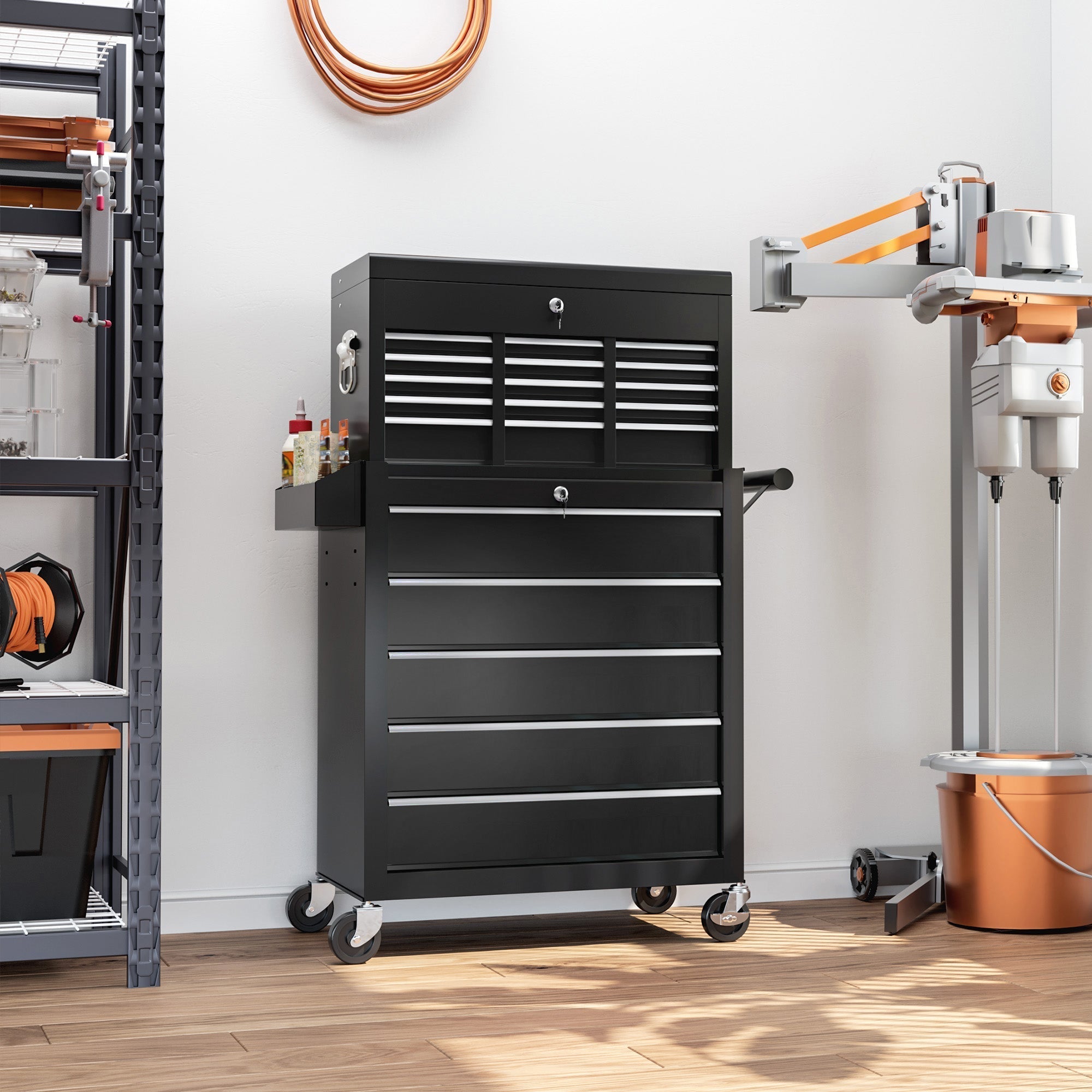 HOMCOM 14 Drawer, Two-Part Tool Storage Chest on Wheels - Black