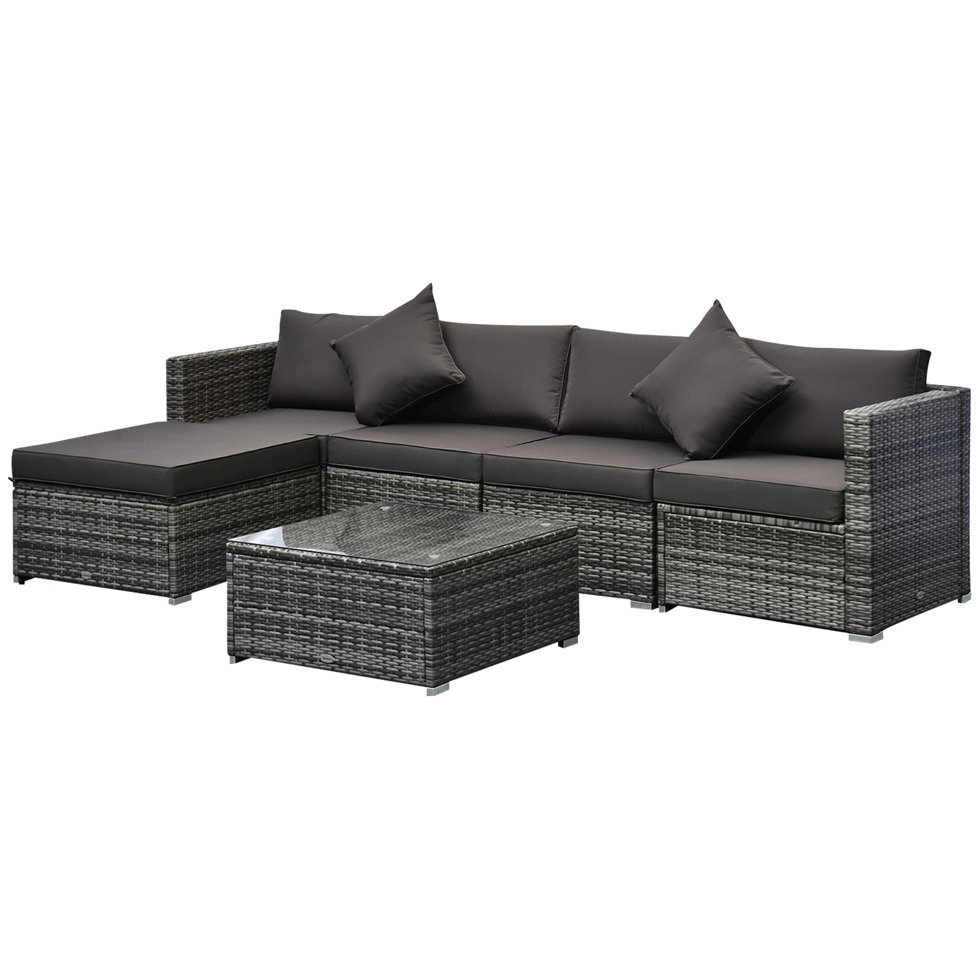 Outsunny 6 Pieces Rattan Garden Furniture Set, 5 Seater Sectional Garden Corner Sofa Set with Glass Top Coffee Table, Cushions and Pillows, All-Weather Wicker Conversation Furniture, Grey