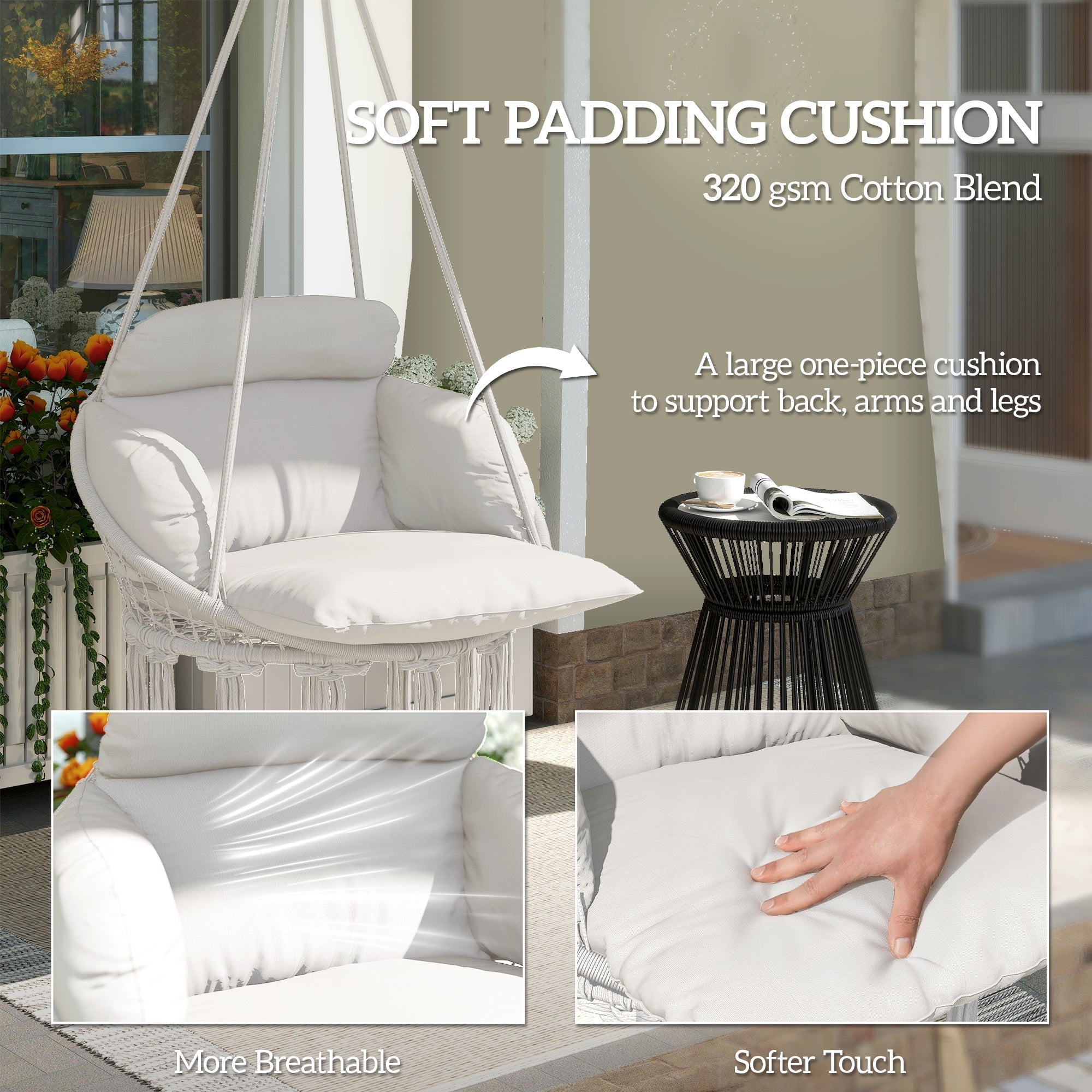 Outsunny Hanging Chair Outdoor Hammock Chair with Soft Cushion, Cotton Rope Boho Style Swing Chair, Hanging Garden Swing Seat for Indoor Outdoor, Cream White