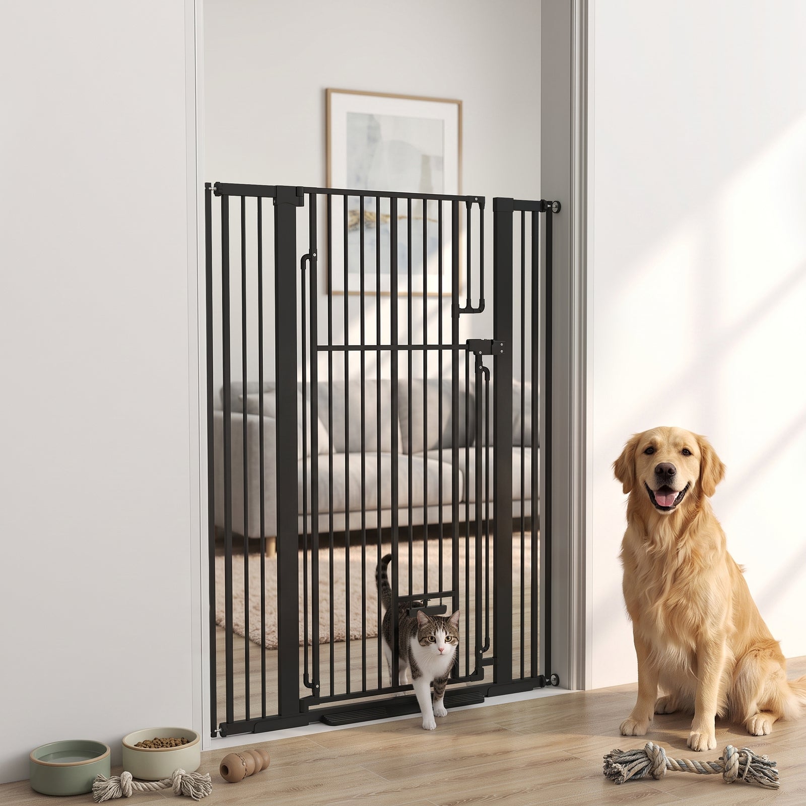 PawHut 135cm Extra Tall Dog Gate with Cat Door, Fits Openings 81-108 cm Pressure Mounted for Doorways, Hallways, No Drilling