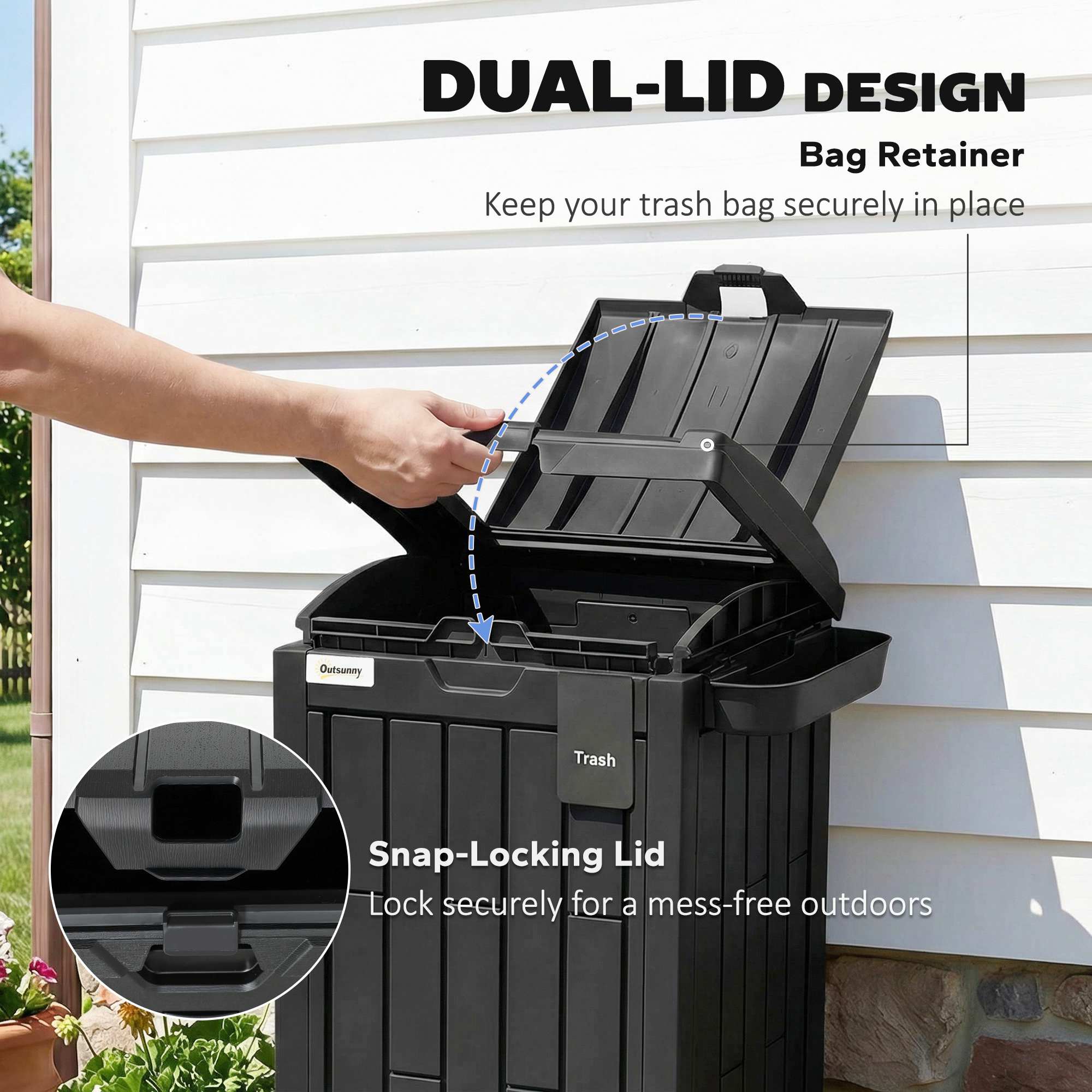 Outsunny 110 L Outdoor Bin with Dual Lid, Waterproof Plastic Trash Bin with Ashtray and Drip Tray, Garden Waste Trash Bin, Black