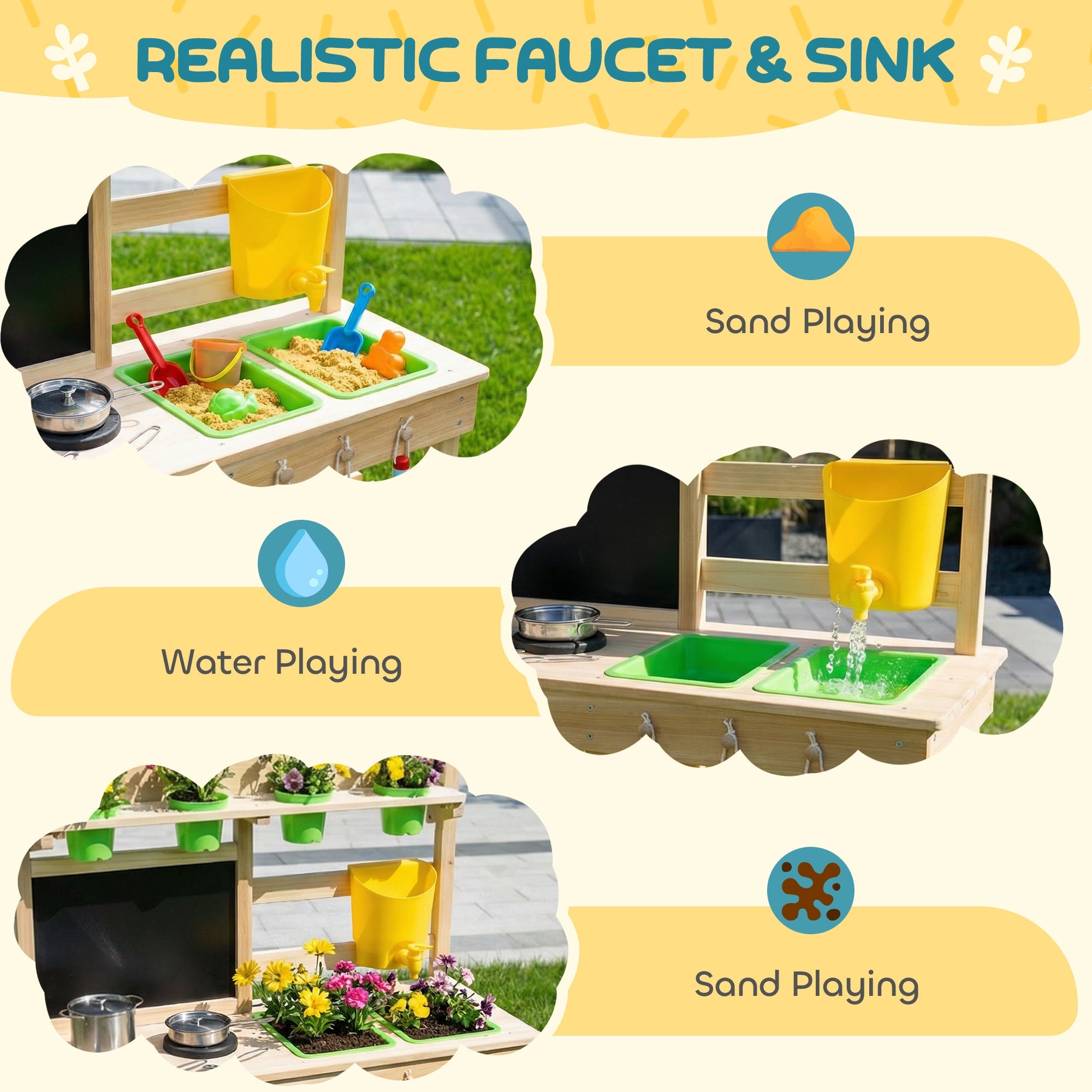 AIYAPLAY Kids Mud Kitchen, Outdoor Wooden Play Kitchen with Kitchenware & Garden Tools, Pretend Play Outdoor Toys, Natural